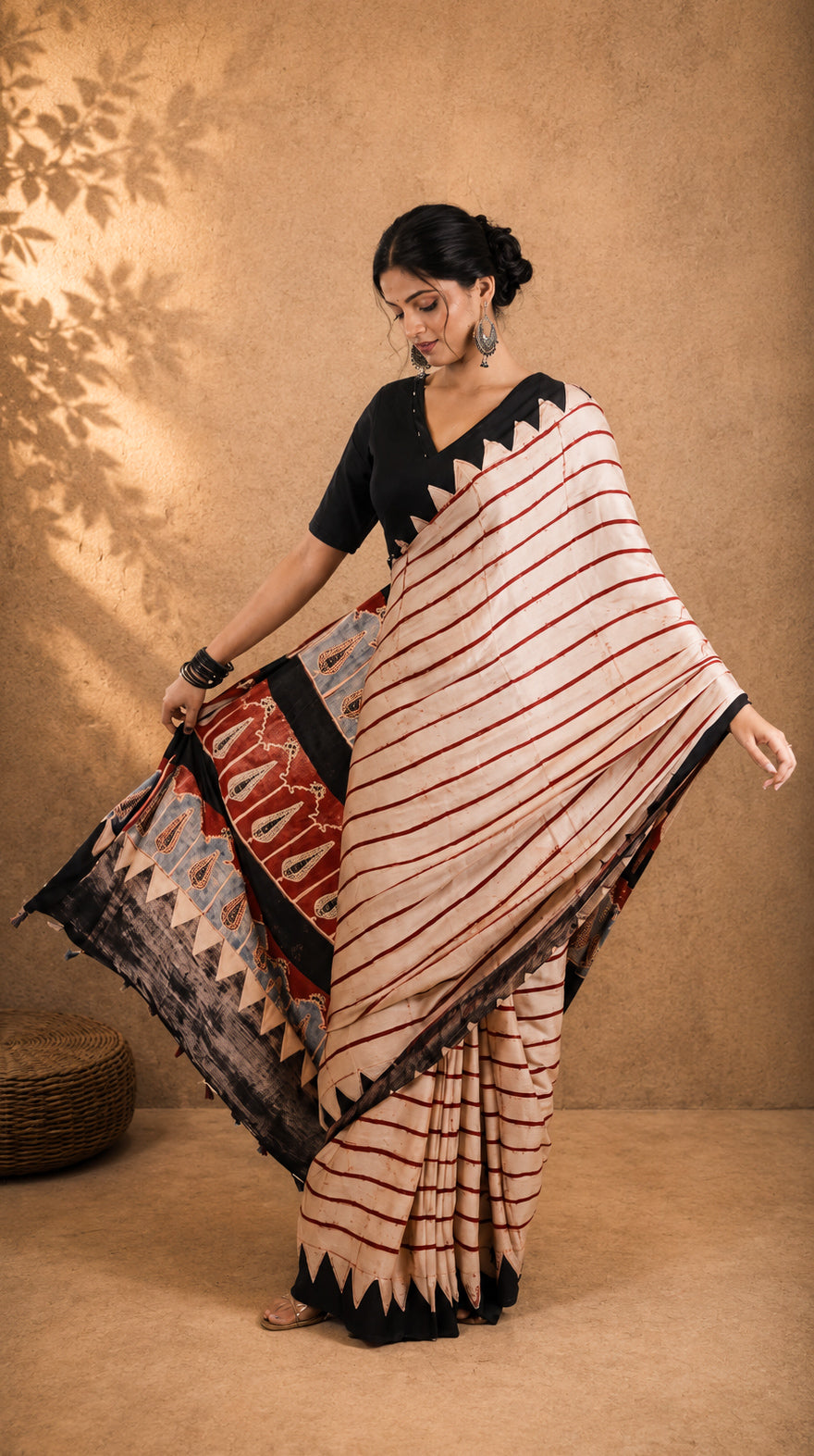 Red striped Modal Silk Saree I Ajrakh