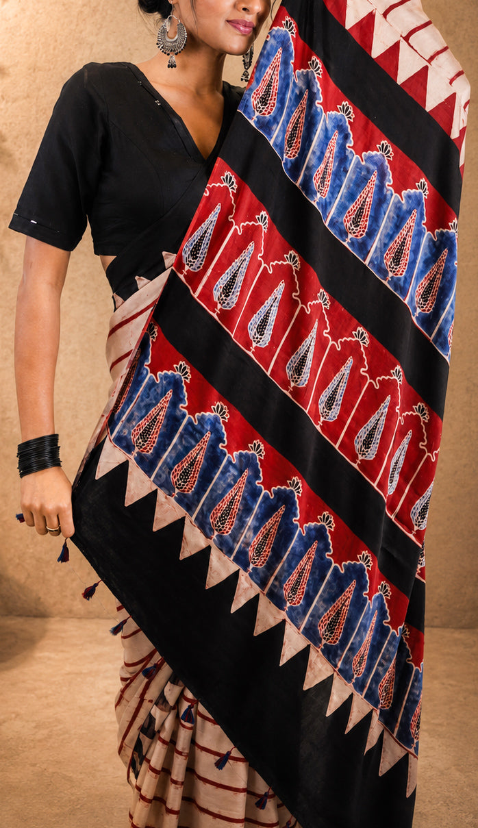 Red striped Modal Silk Saree I Ajrakh