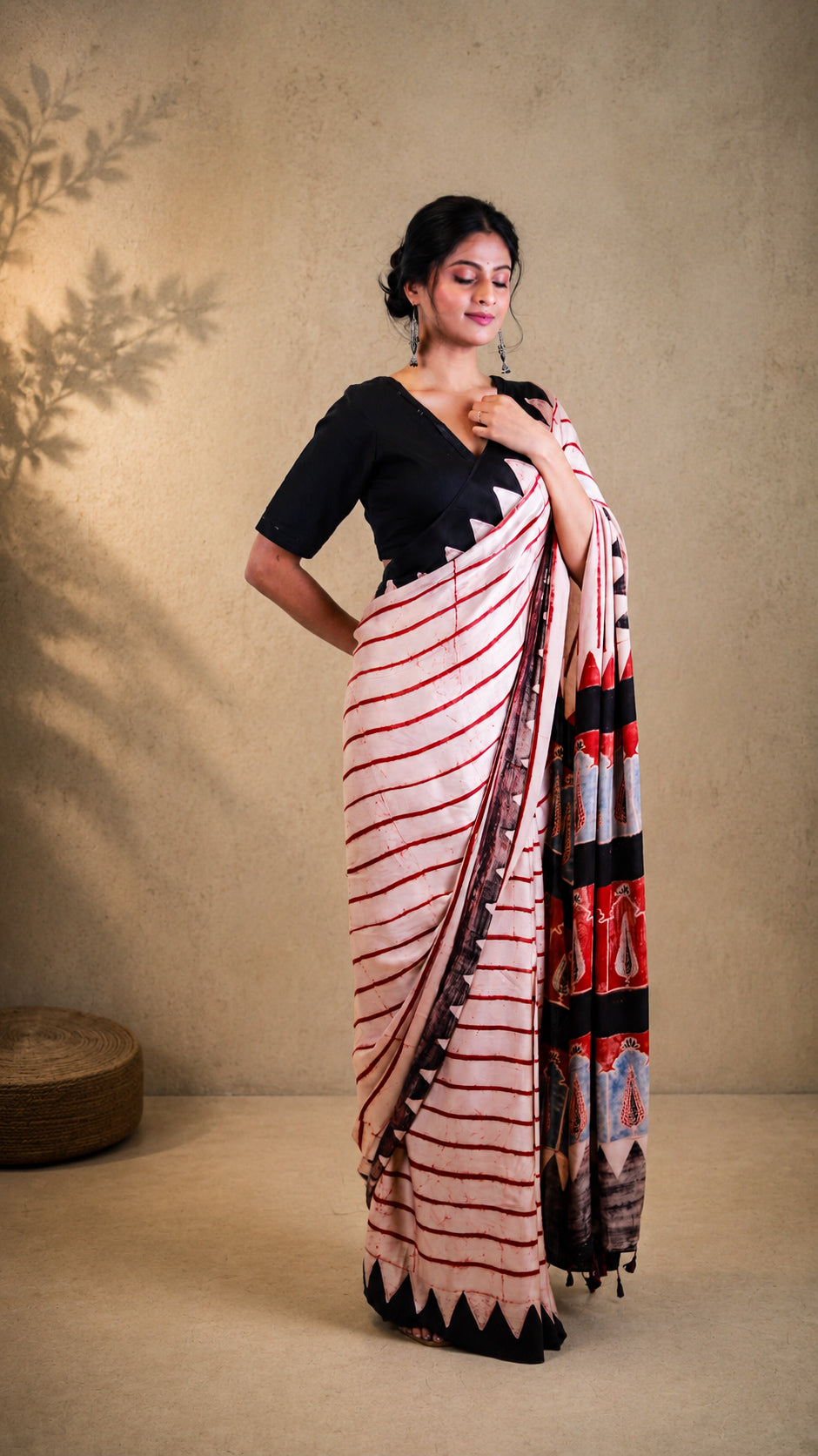 Red striped Modal Silk Saree I Ajrakh