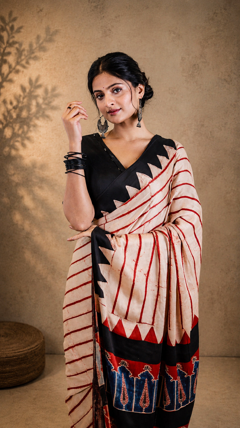 Red striped Modal Silk Saree I Ajrakh