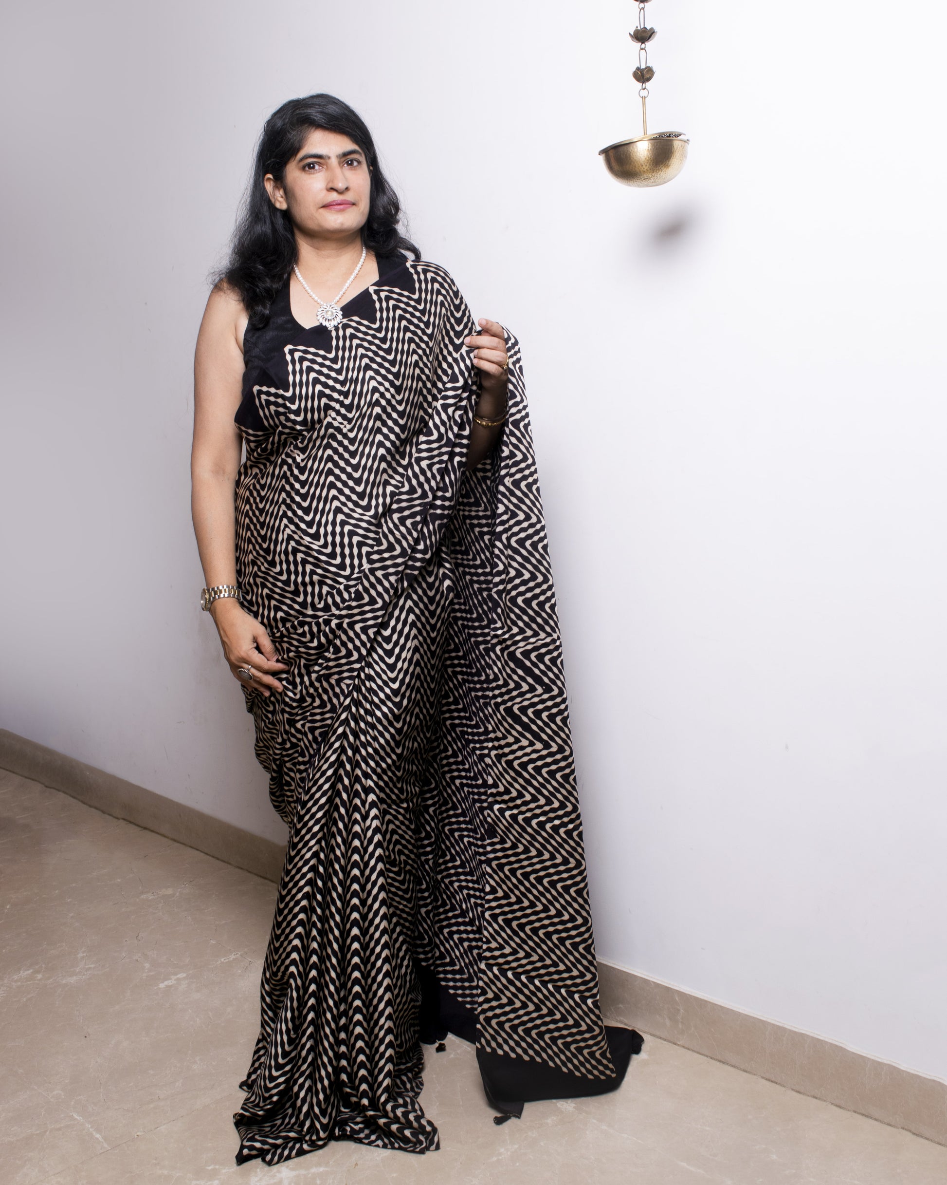 Monochrome Modal Silk Ajrakh Saree – For Sarees