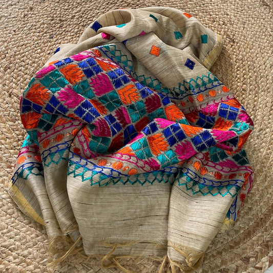 Off white multi color Phulkari embroidery Dupatta