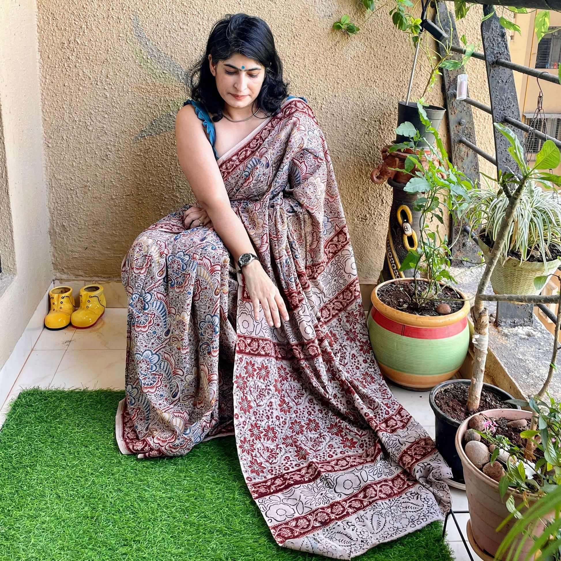 Paisley Kalamkari block print Cotton sari