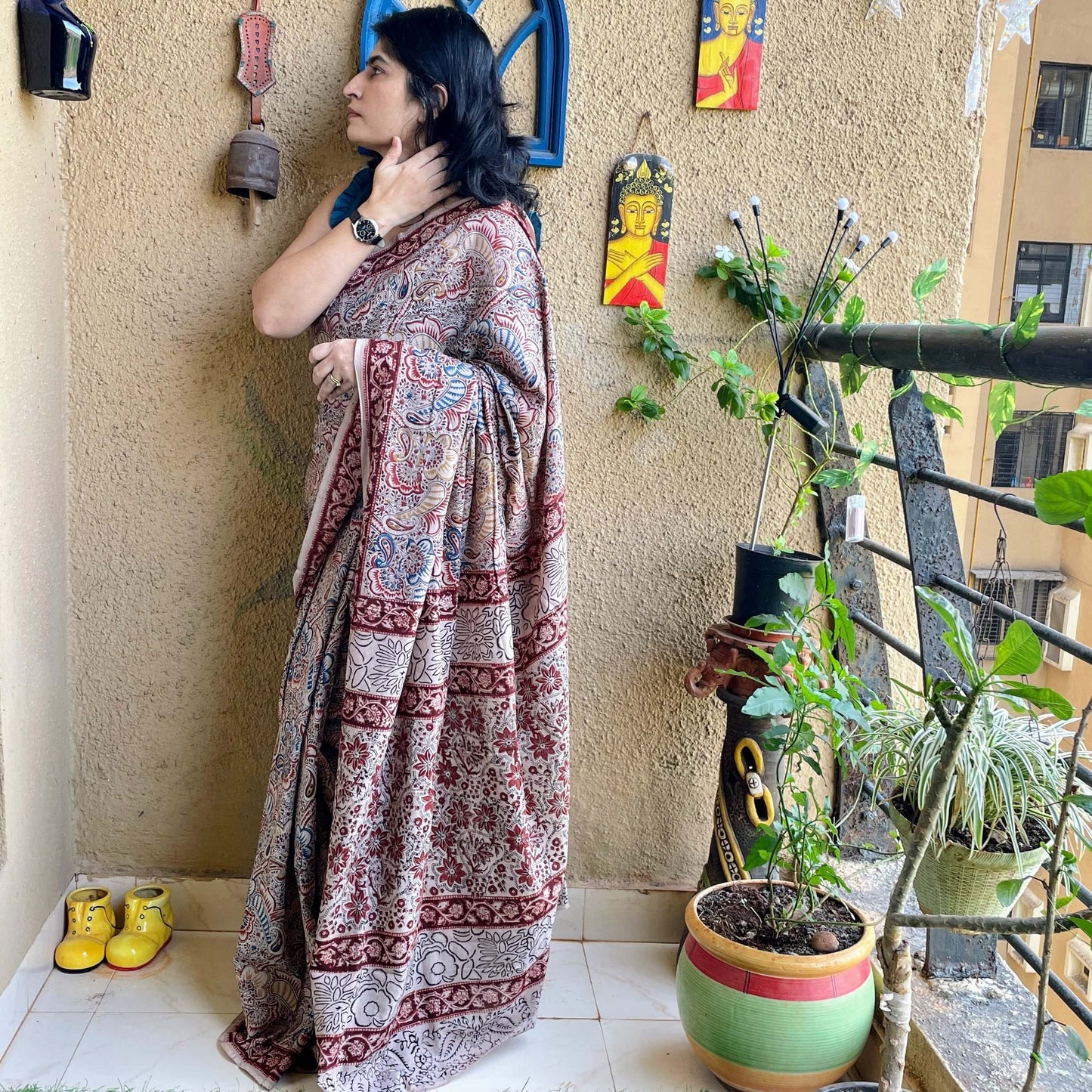 Paisley Kalamkari block print Cotton sari