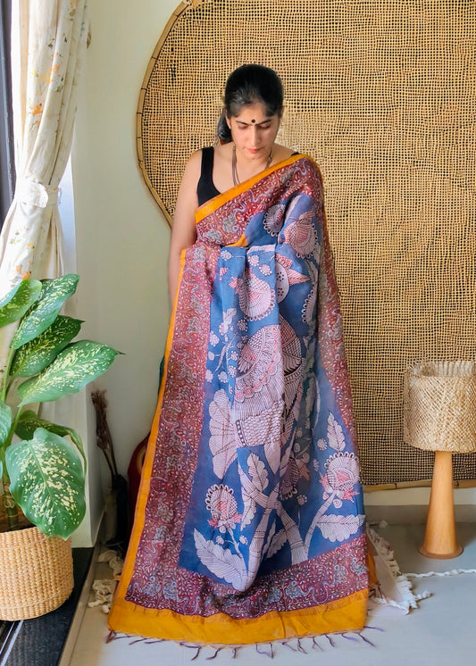 Mata Ni Pachedi peacock painted Saree - Made to order