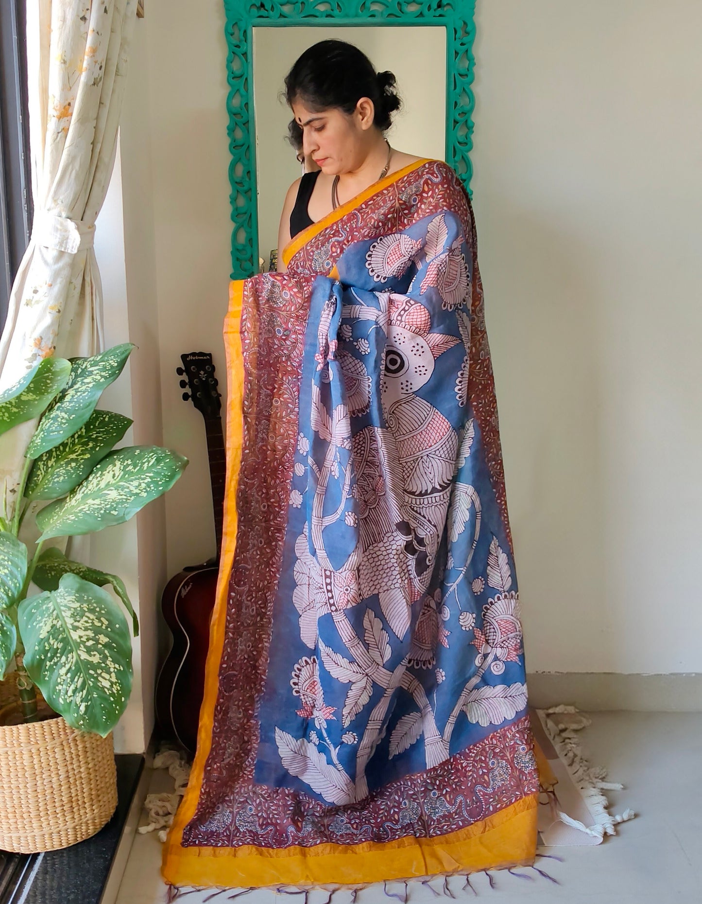 Mata Ni Pachedi peacock painted Saree - Made to order