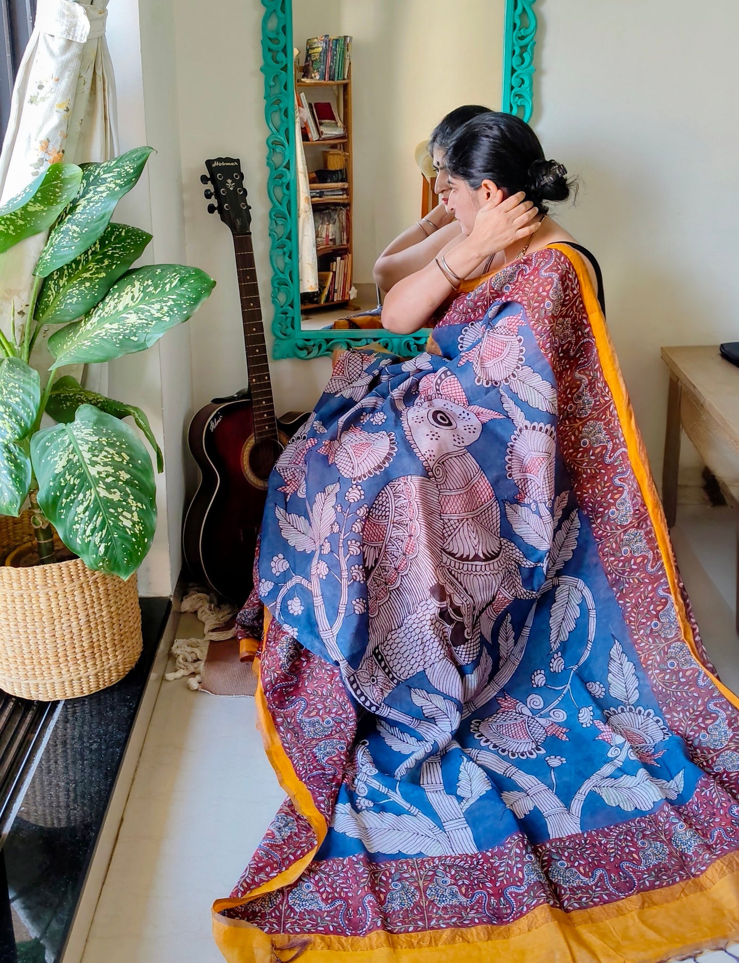 Mata Ni Pachedi peacock painted Saree - Made to order