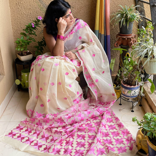 Beige pink Phulkari embroidery Saree I Punjabi delight