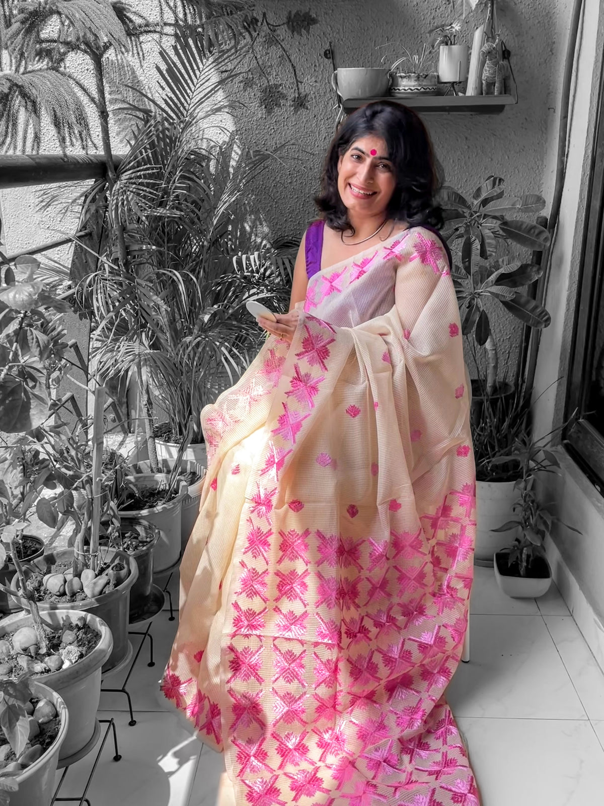 Beige pink Phulkari embroidery Saree I Punjabi delight