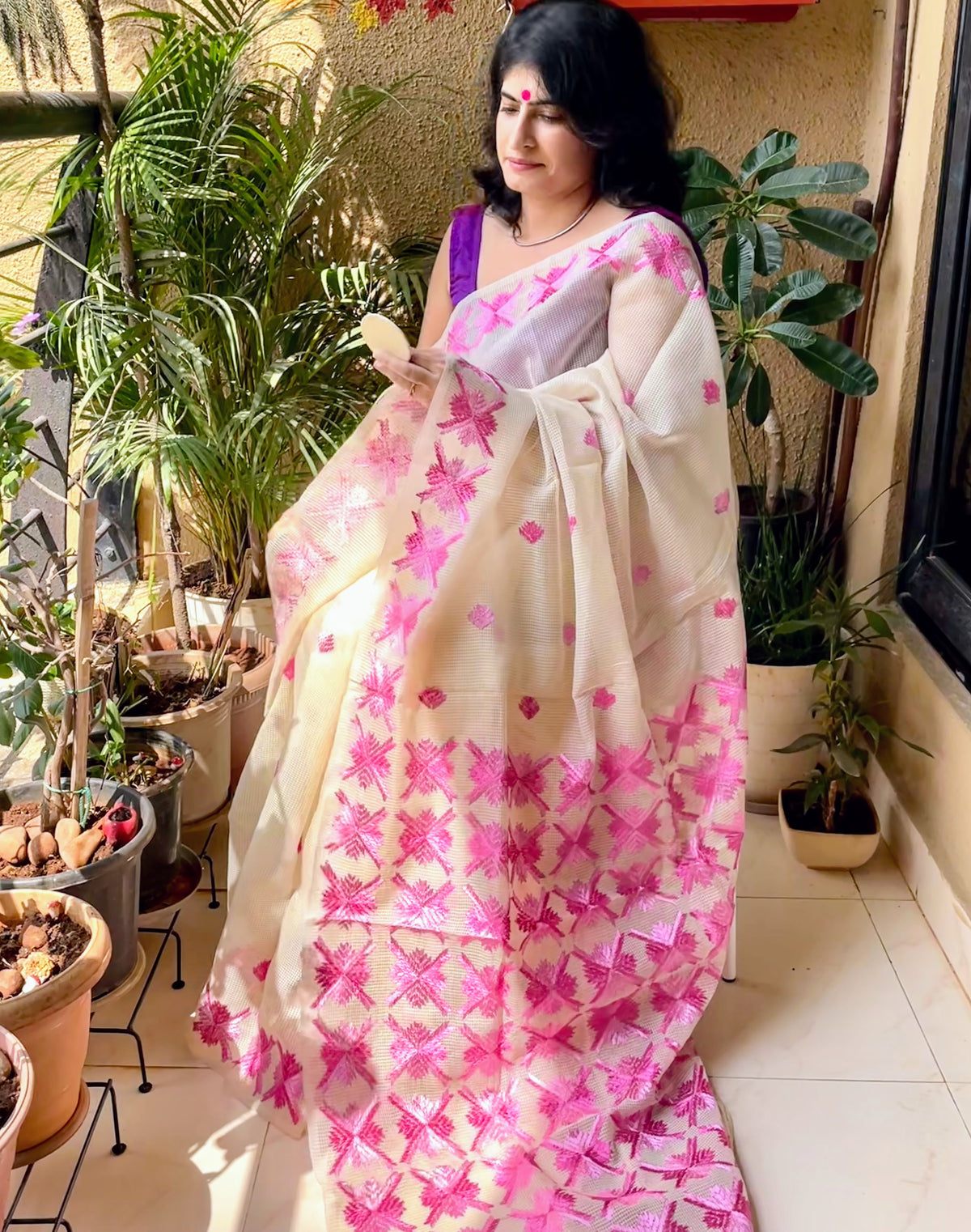 Beige pink Phulkari embroidery Saree I Punjabi delight