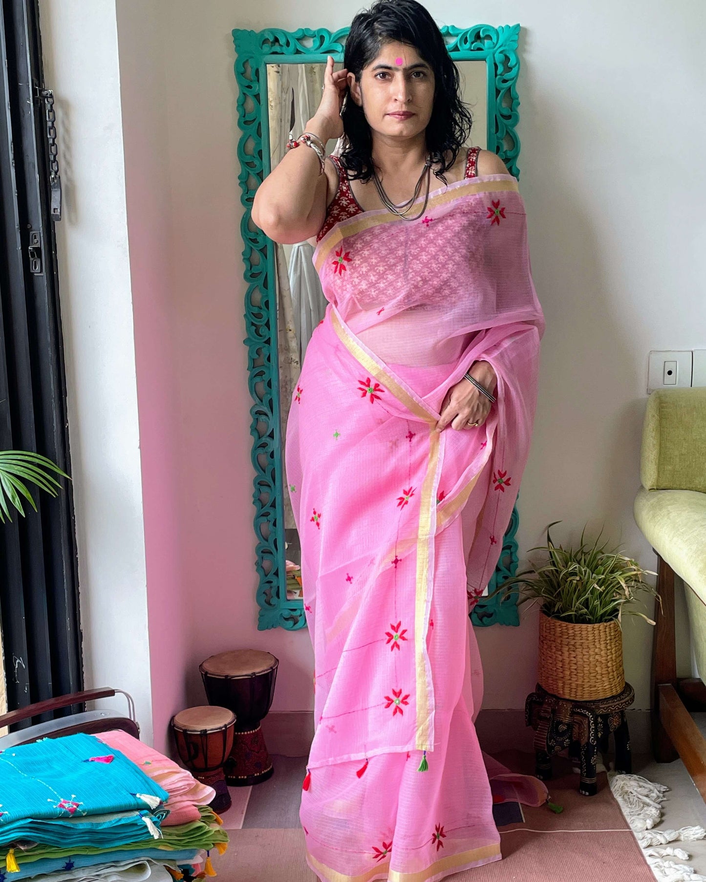 Baby Pink Kota embroidered Saree
