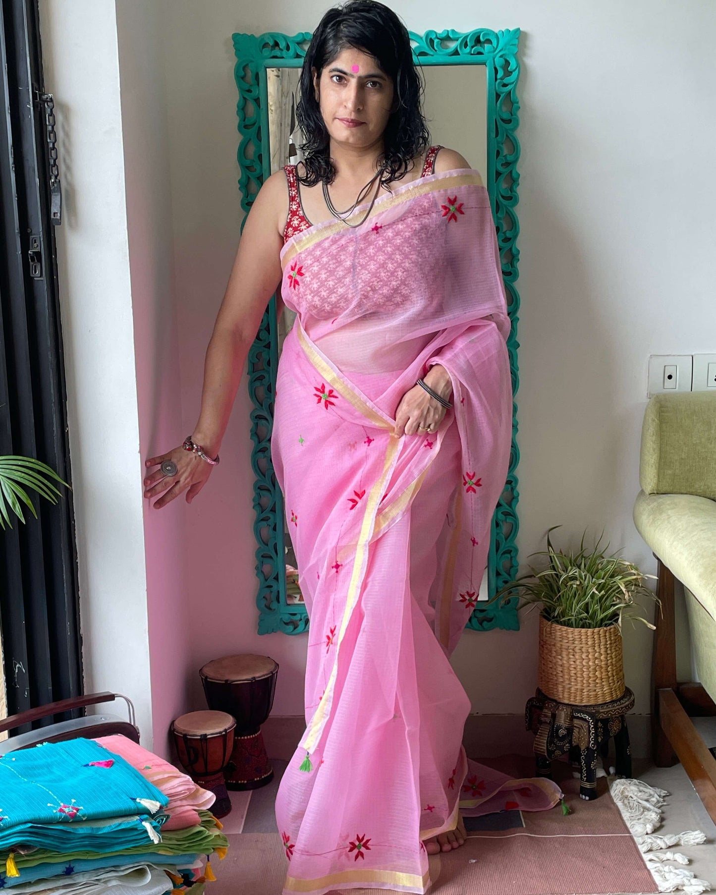Baby Pink Kota embroidered Saree