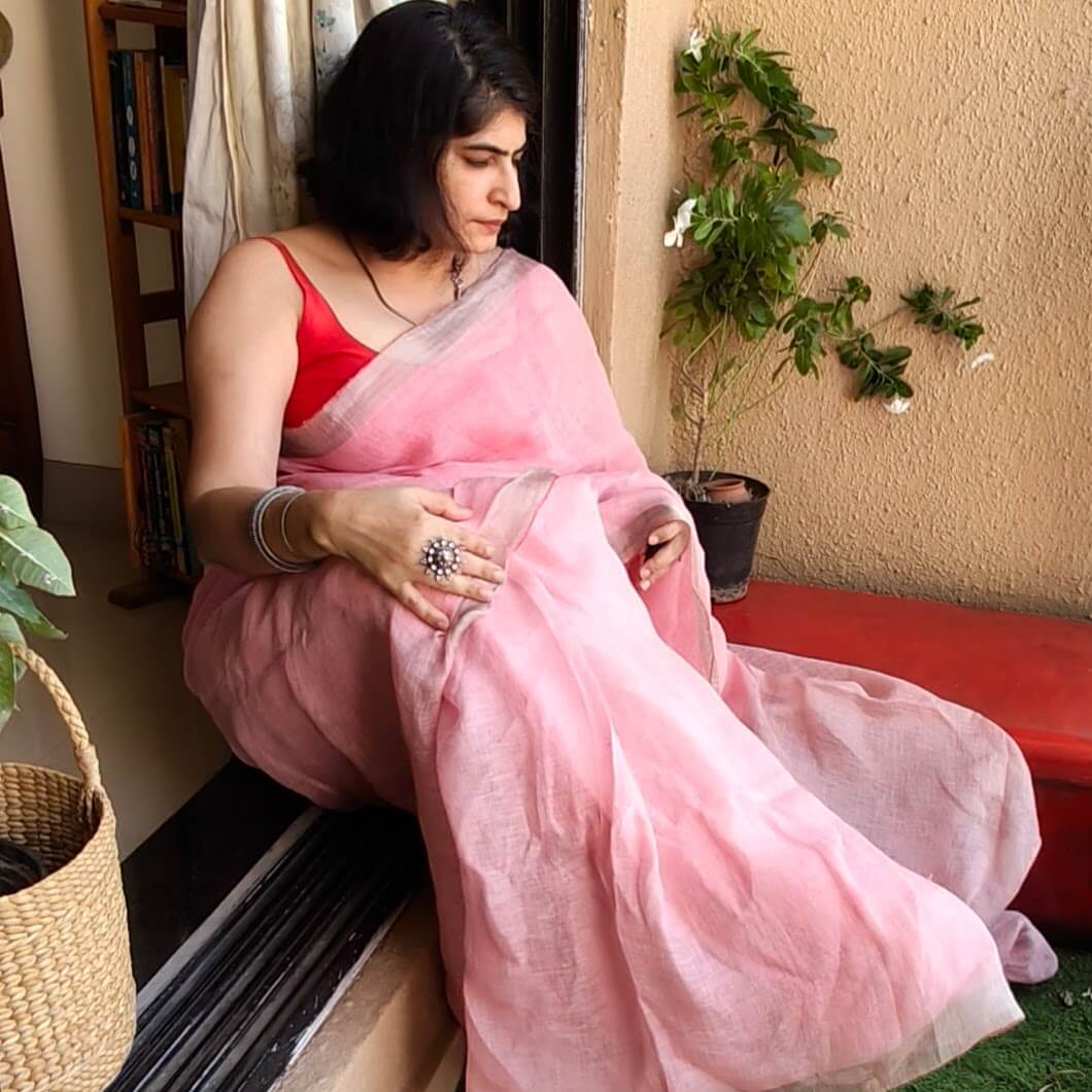 Pink Linen Saree with Zari border