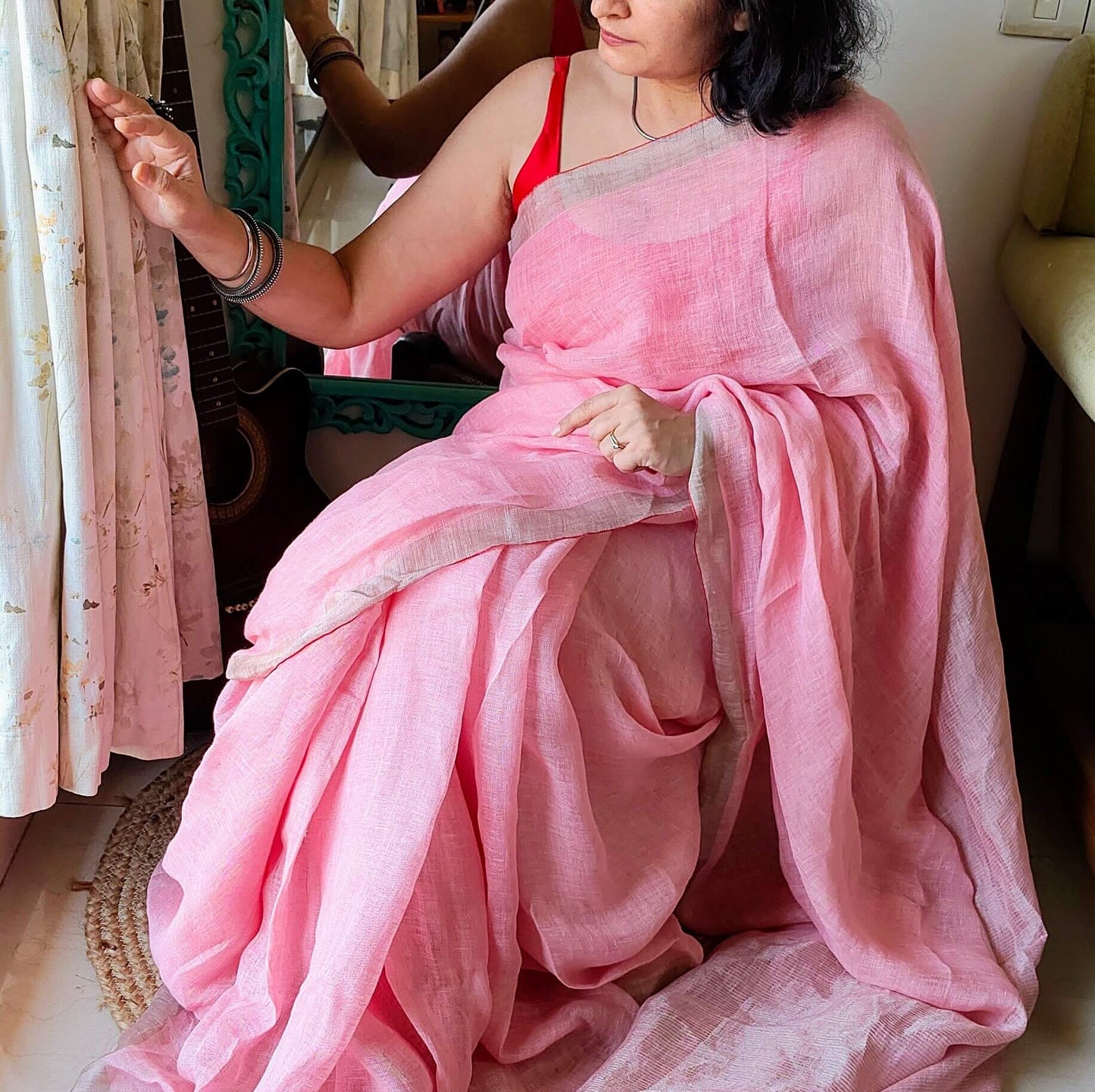 Pink Linen Saree with Zari border