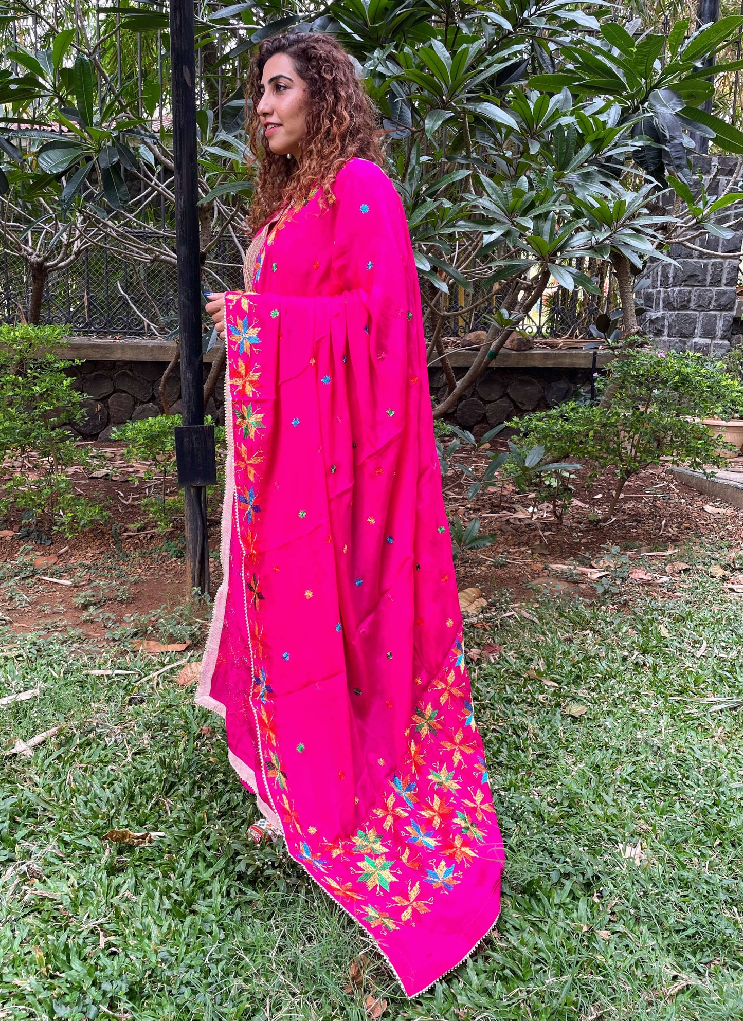 Hot pink Phulkari hand embroidery Dupatta