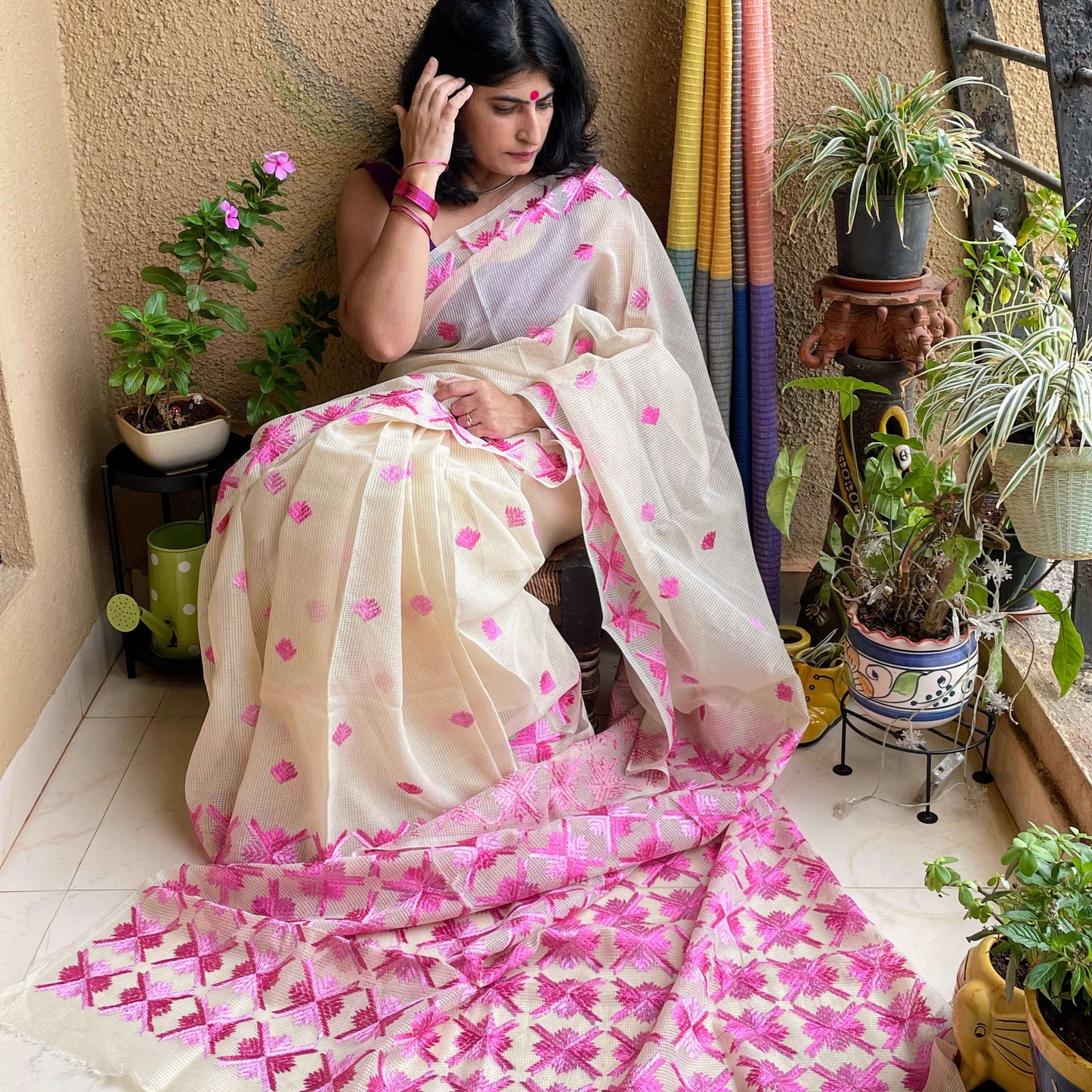 Pink Phulkari embroidery Saree