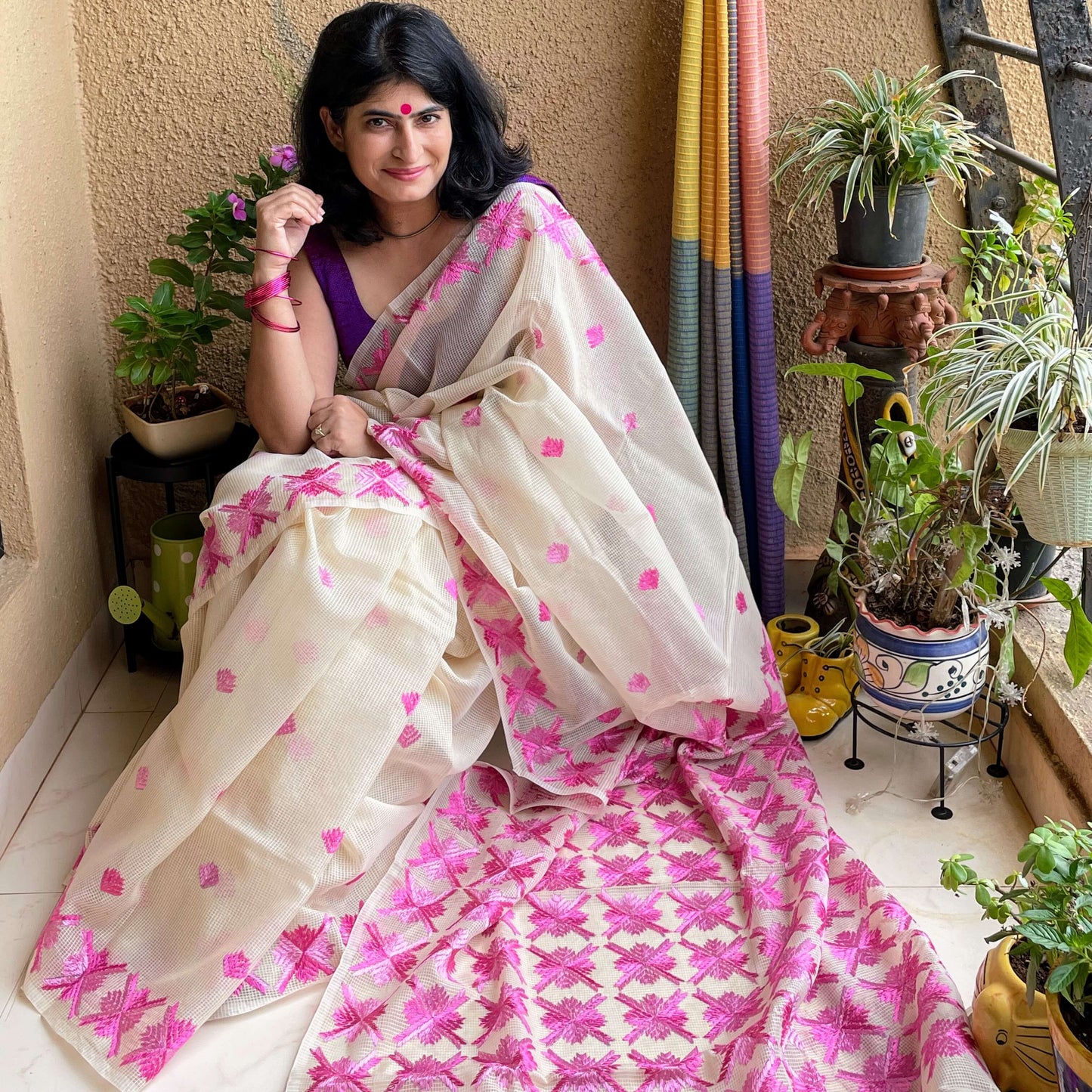 Pink Phulkari embroidery Saree