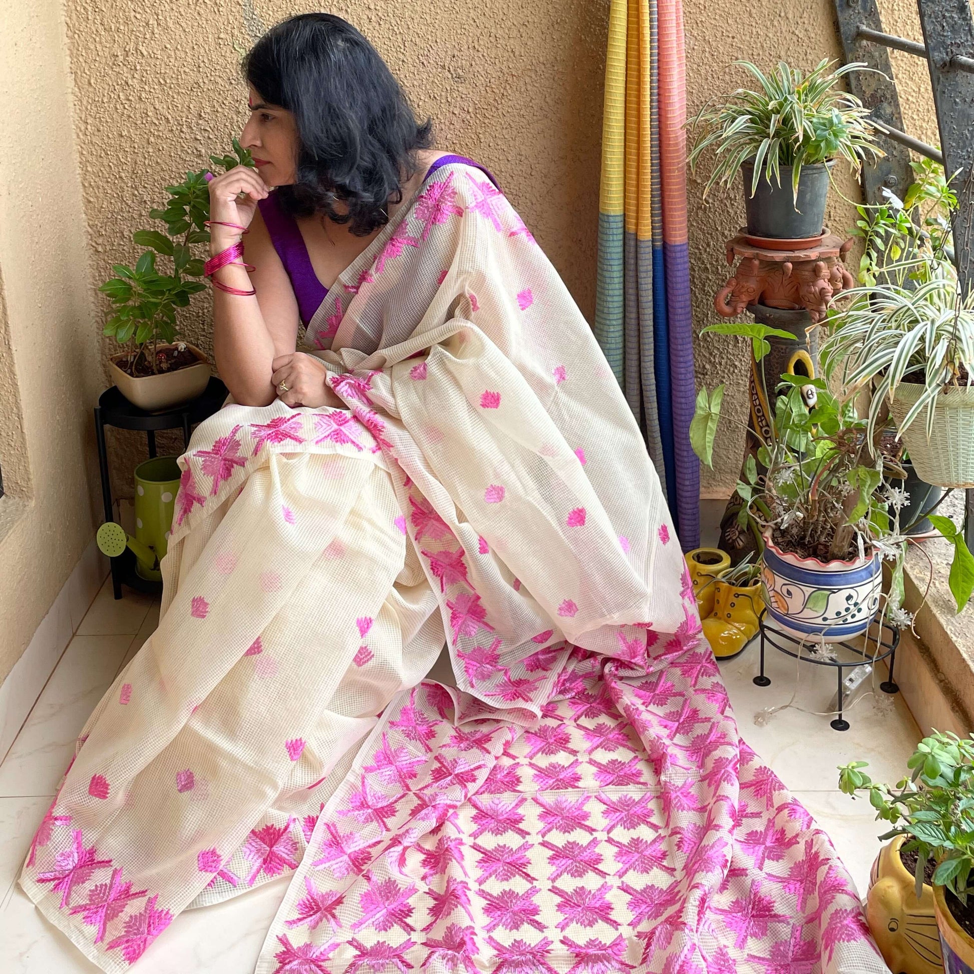 pink phulkari saree