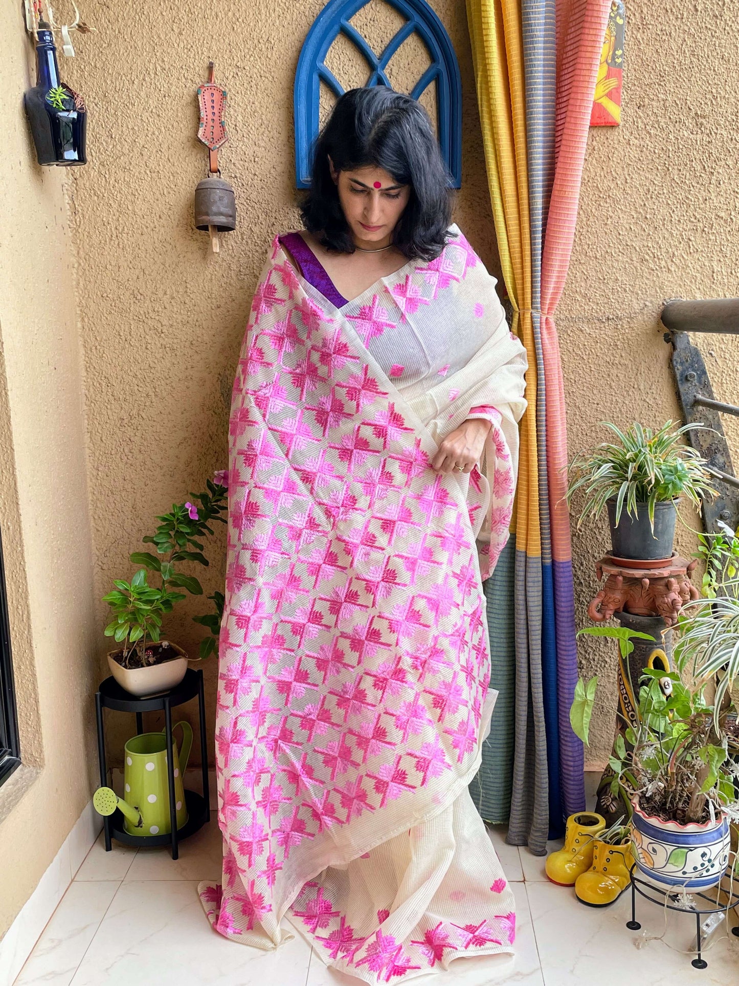 Pink Phulkari embroidery Saree