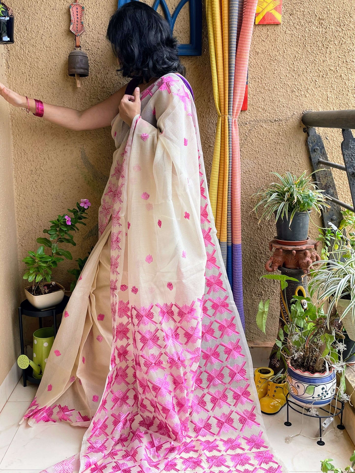 Pink Phulkari embroidery Saree