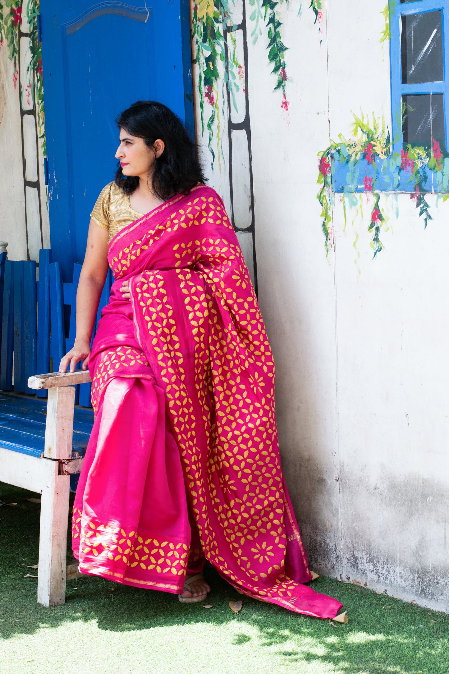 Hot Pink Applique Chanderi Saree