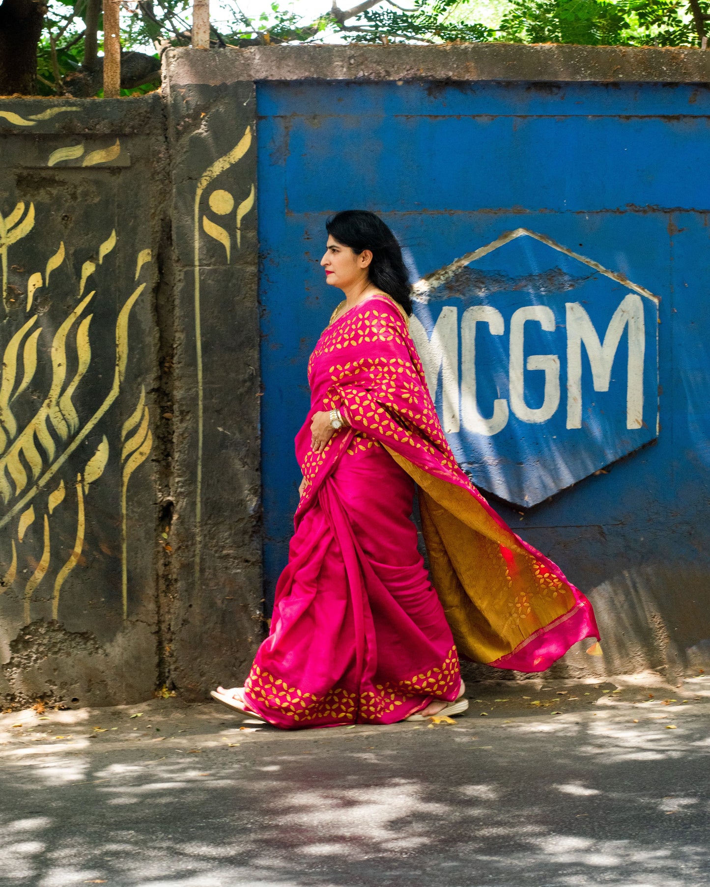 Hot Pink Applique Chanderi Saree