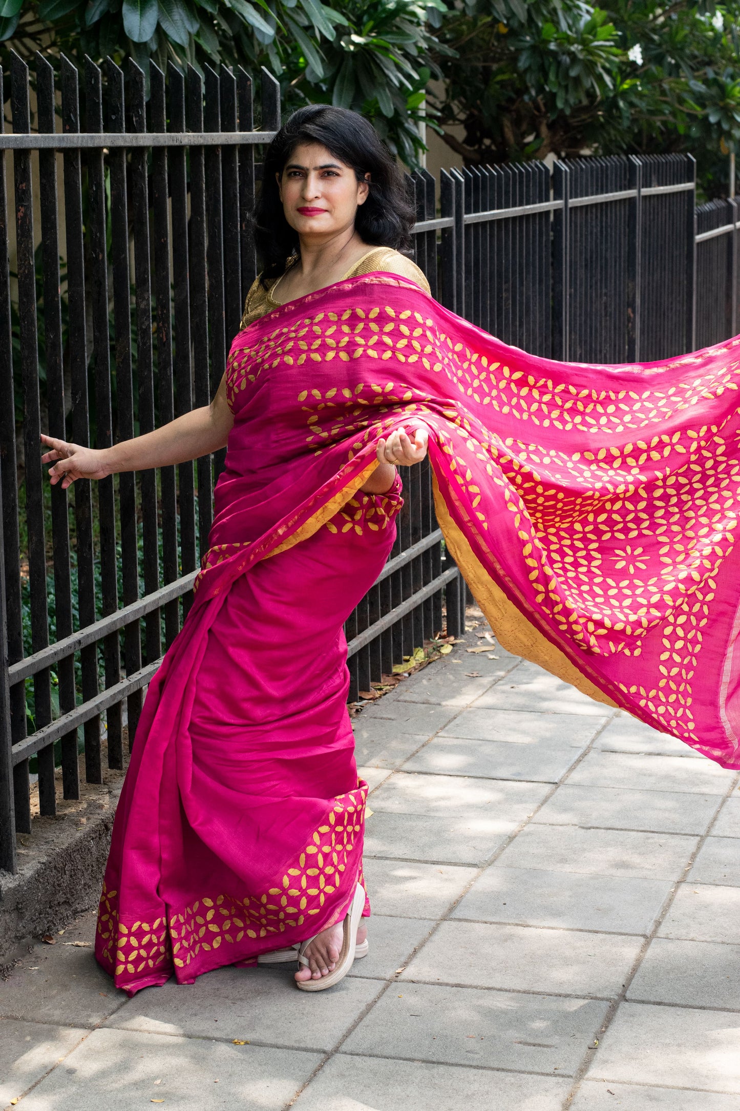 Hot Pink Applique Chanderi Saree