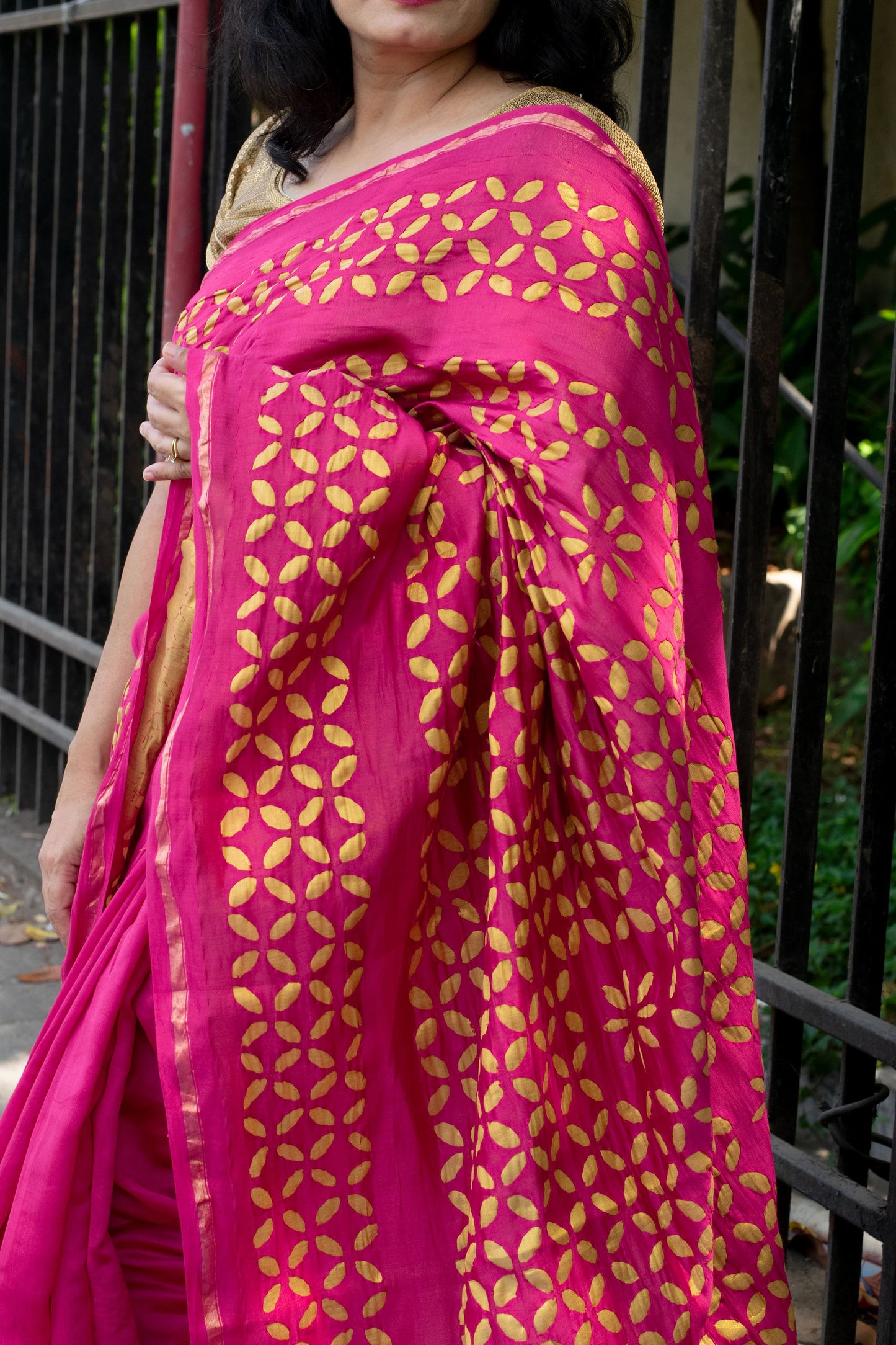 Hot Pink Applique Chanderi Saree