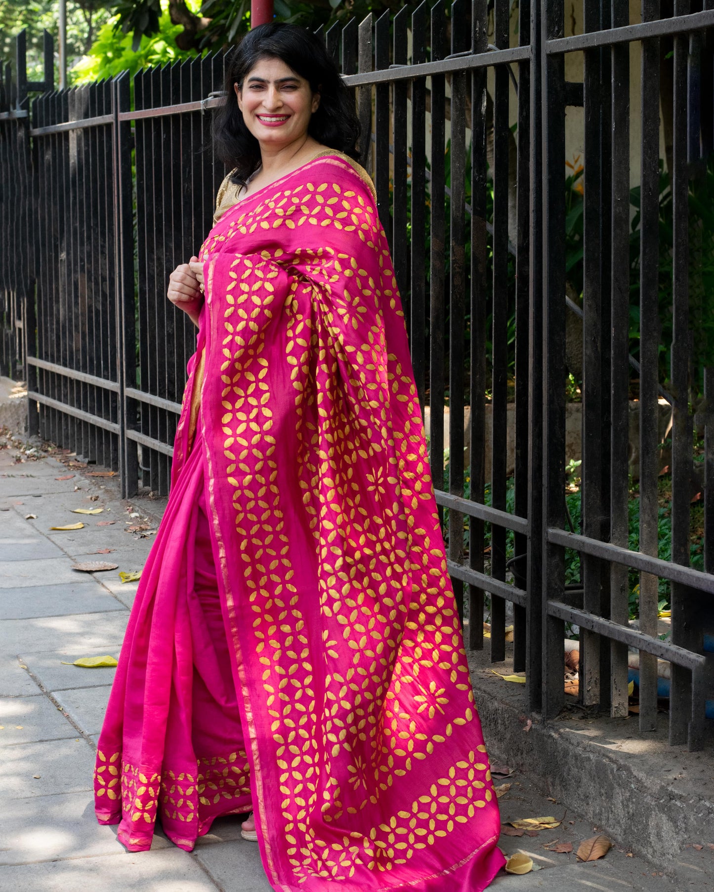 Hot Pink Applique Chanderi Saree