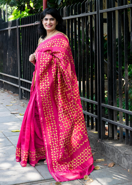 Hot Pink Applique Chanderi Saree
