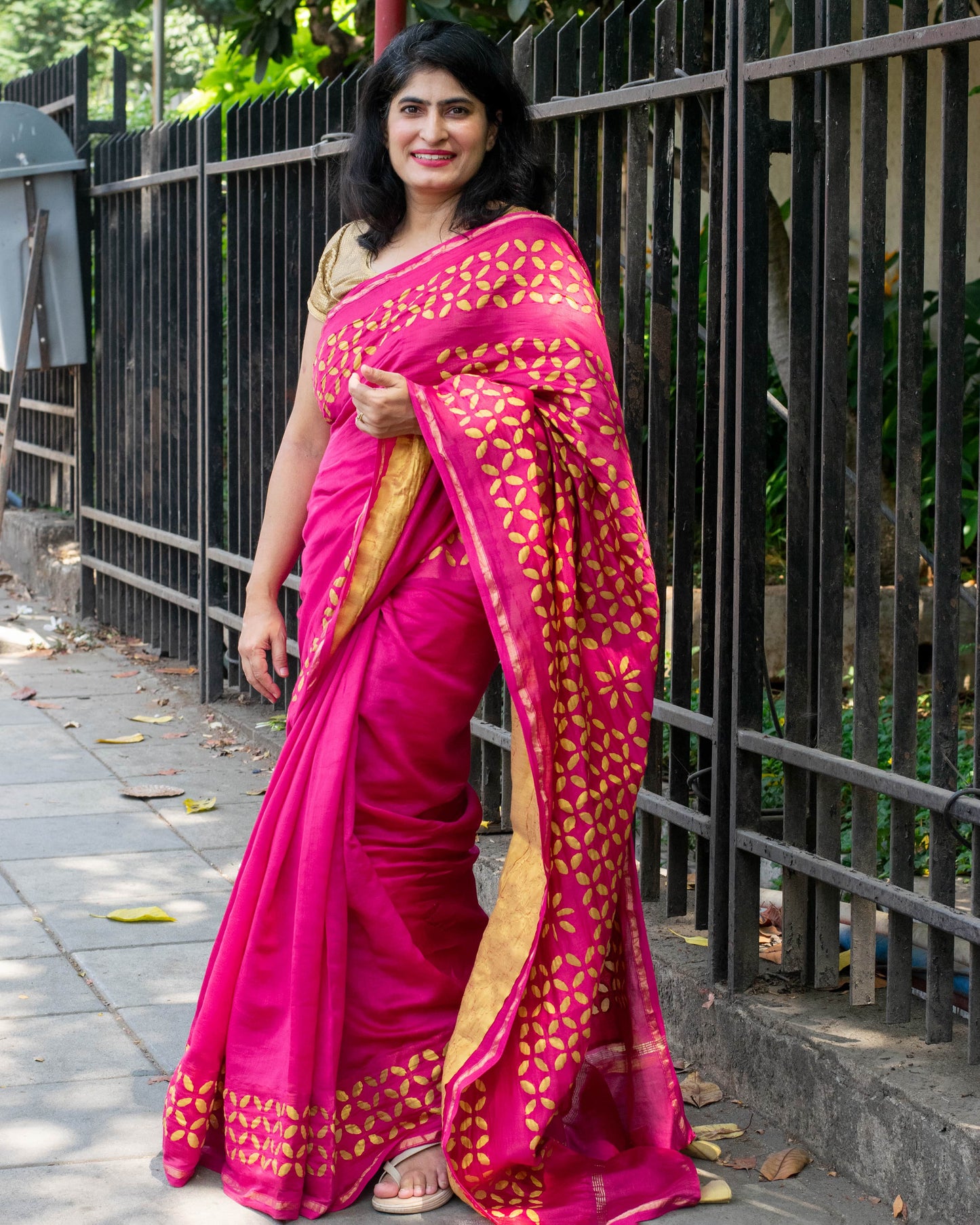 Hot Pink Applique Chanderi Saree