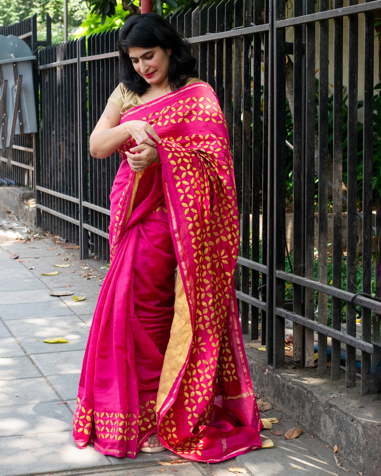 Hot Pink Applique Chanderi Saree