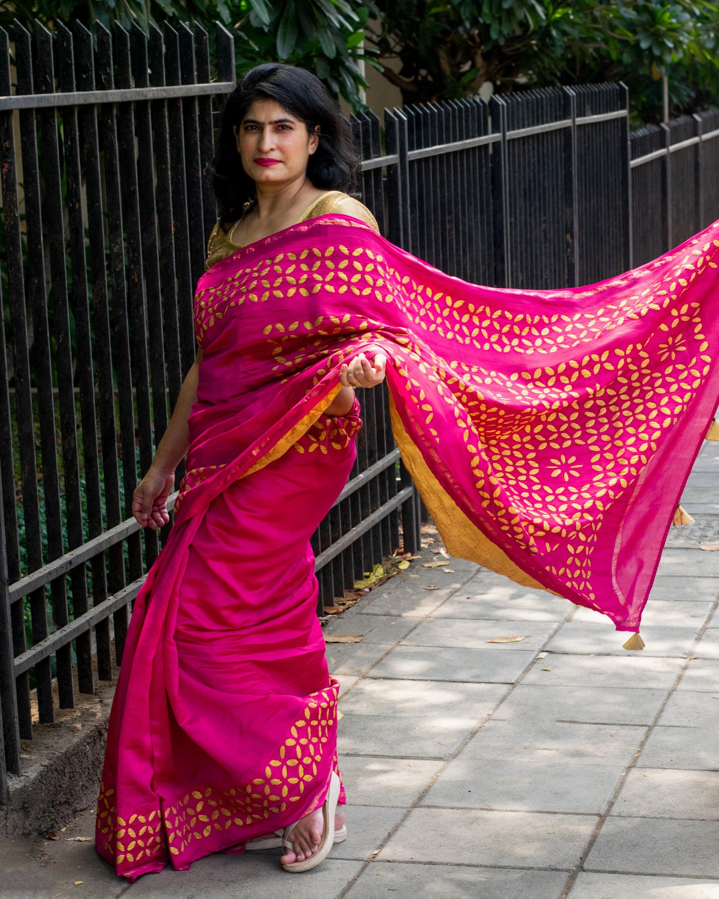 Hot Pink Applique Chanderi Saree