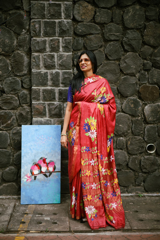 Red Kosa Silk with Kantha Stitch