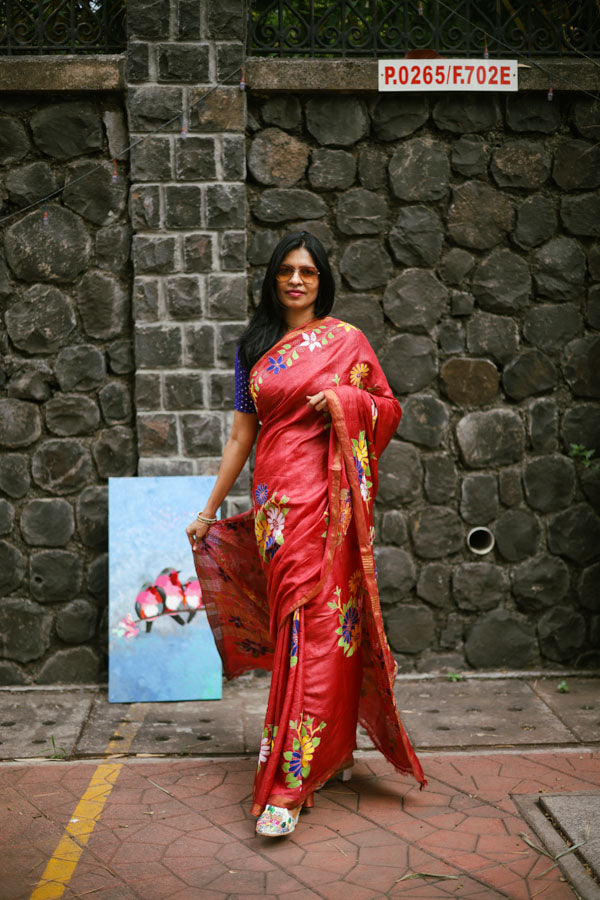 Red Kosa Silk with Kantha Stitch
