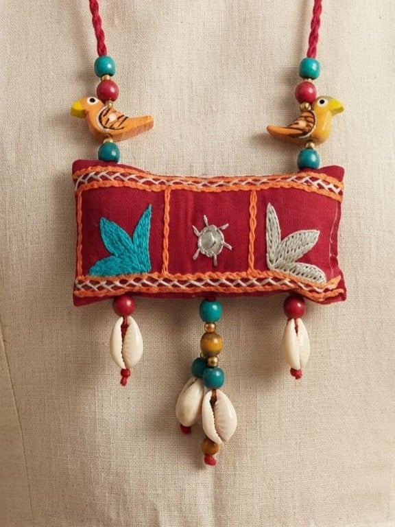 Sindoor Red Embroidered Fabric necklace I Handcrafted