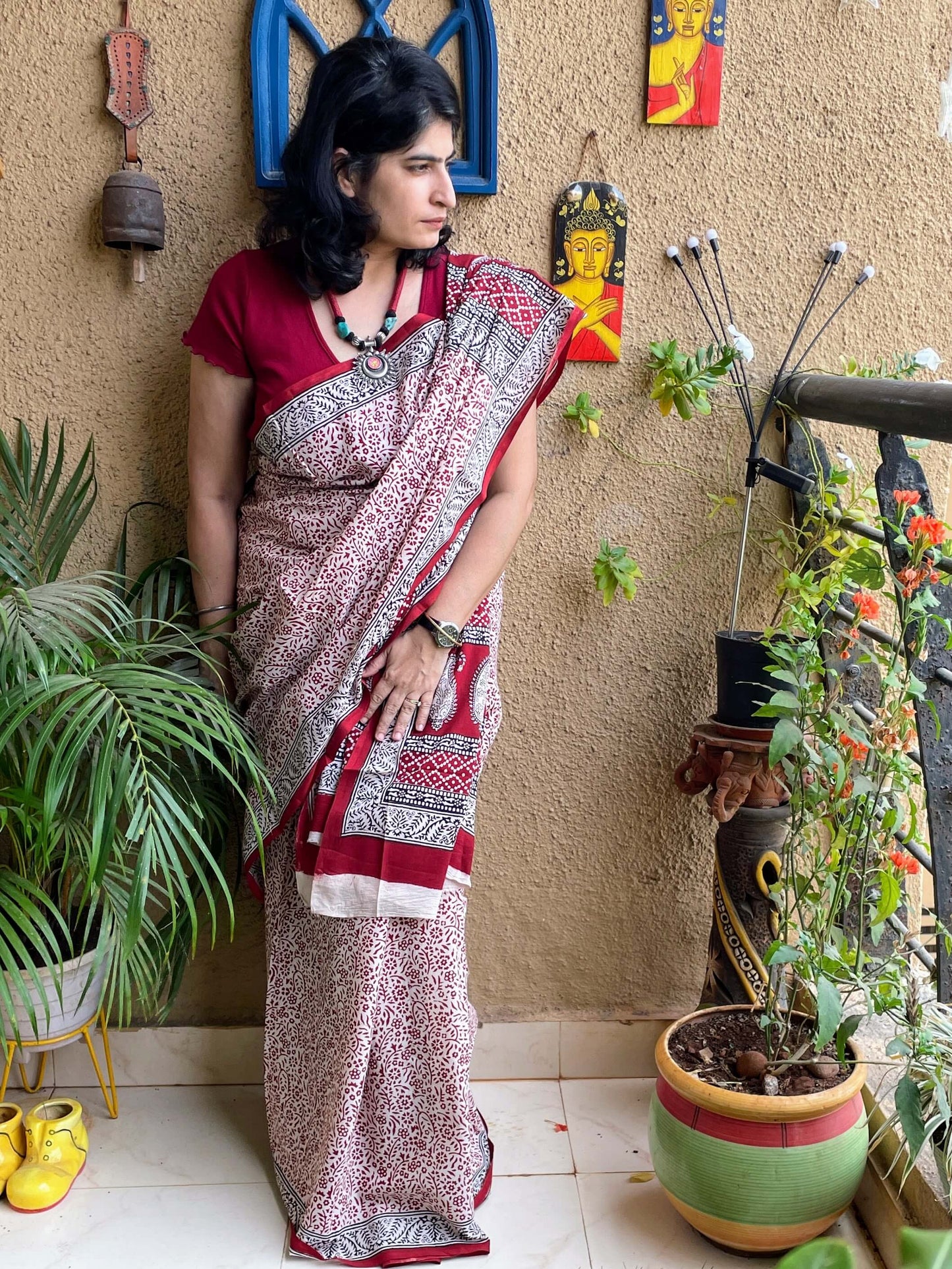 Bagh Print floral red  Saree