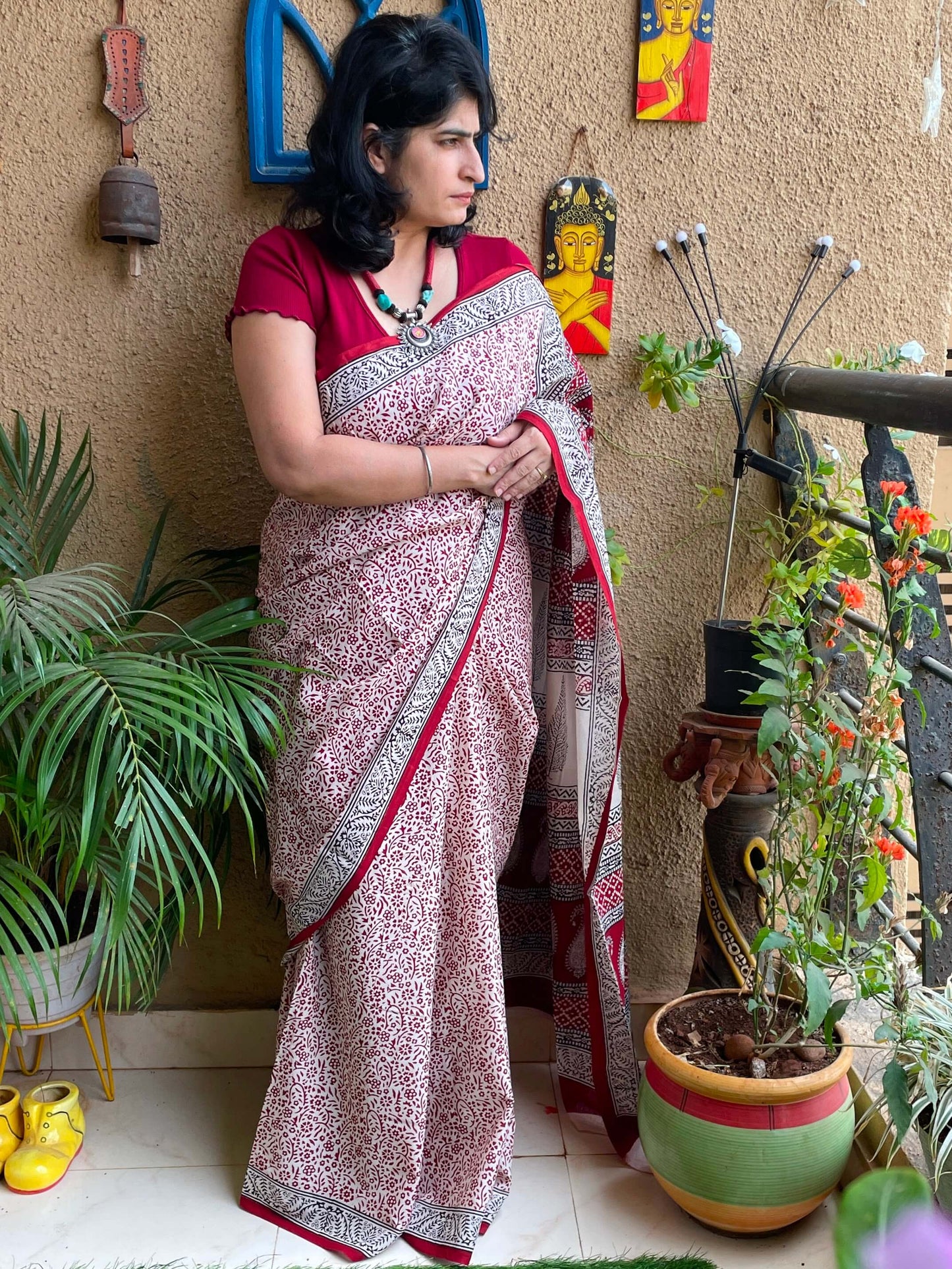 Bagh Print floral red  Saree