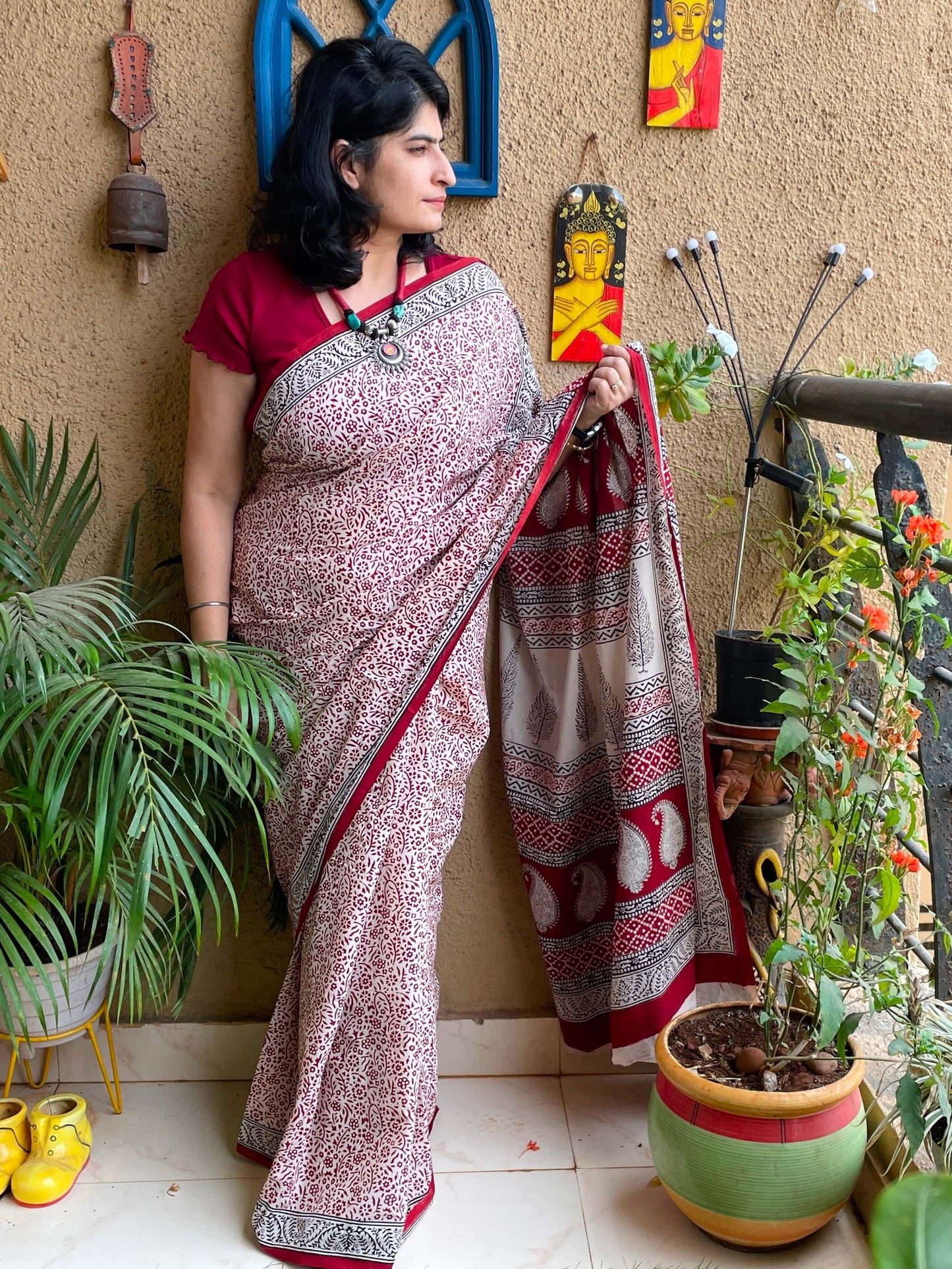 Bagh Print floral red  Saree