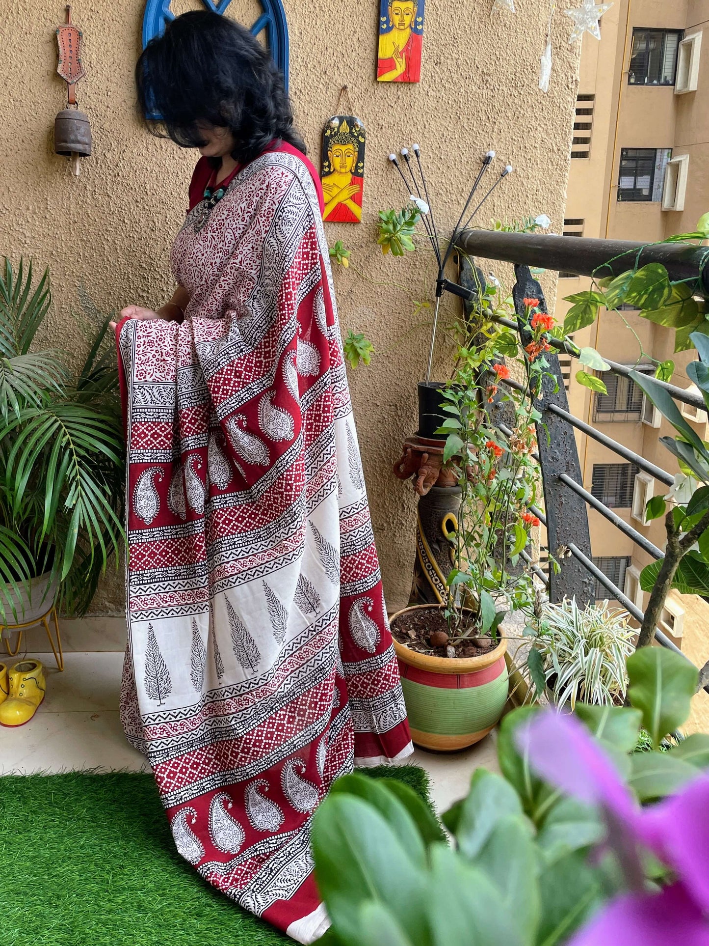 Bagh Print floral red  Saree