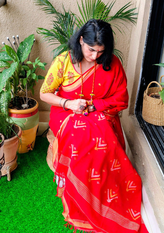 red cotton jamdani saree from bengal