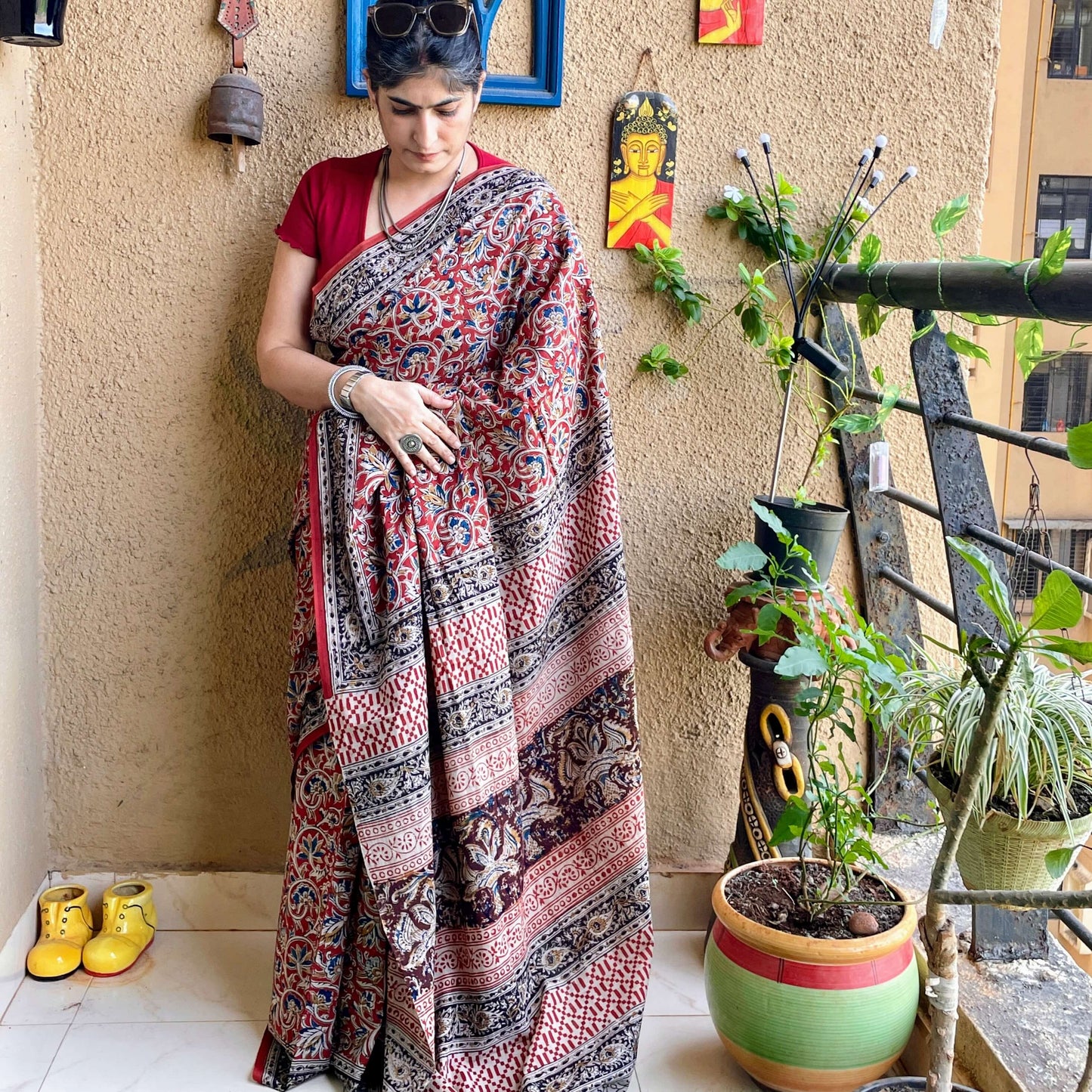 Red floral block print Cotton sari