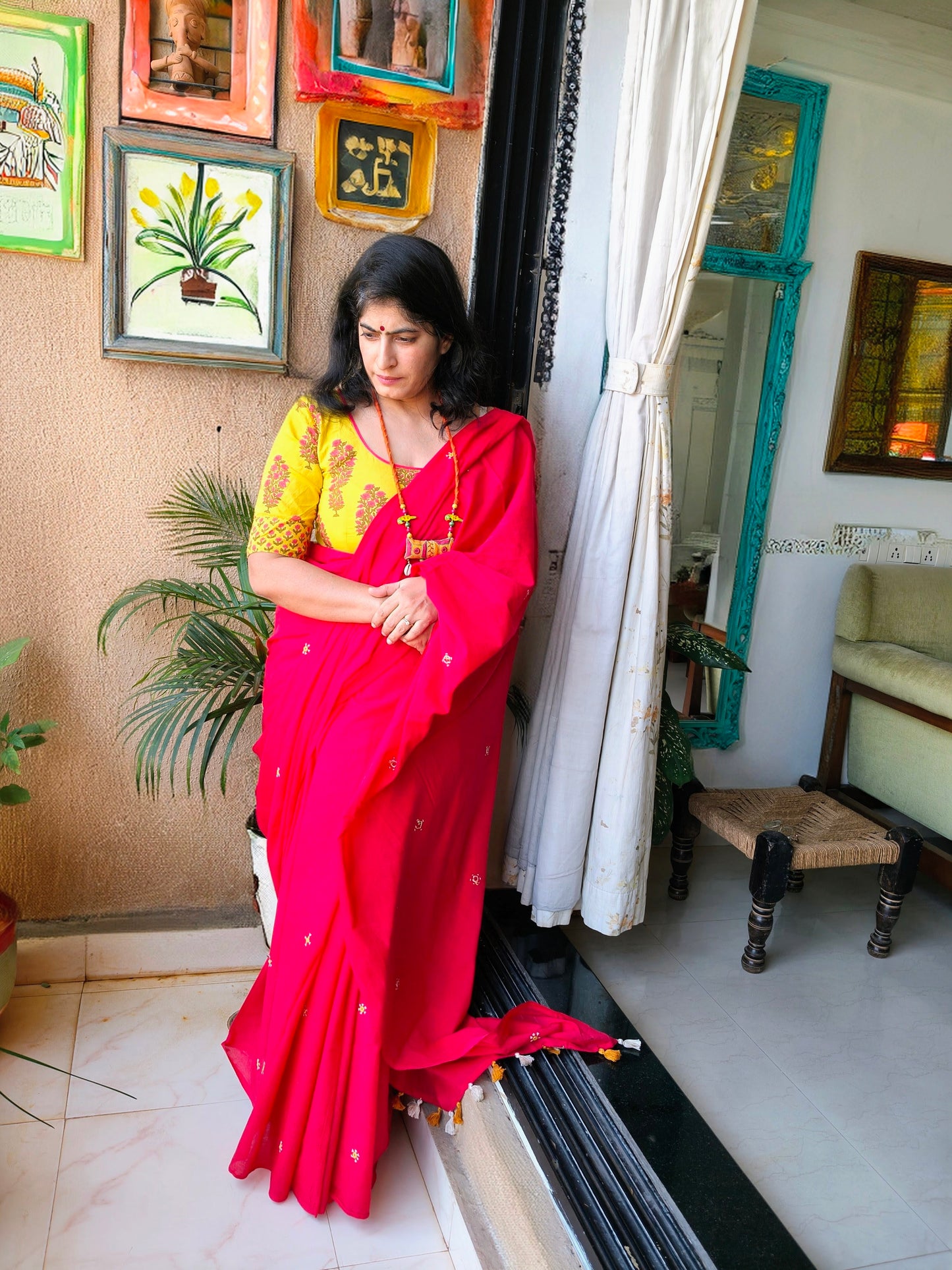 Pihu Saree - red Mul cotton with embroidery