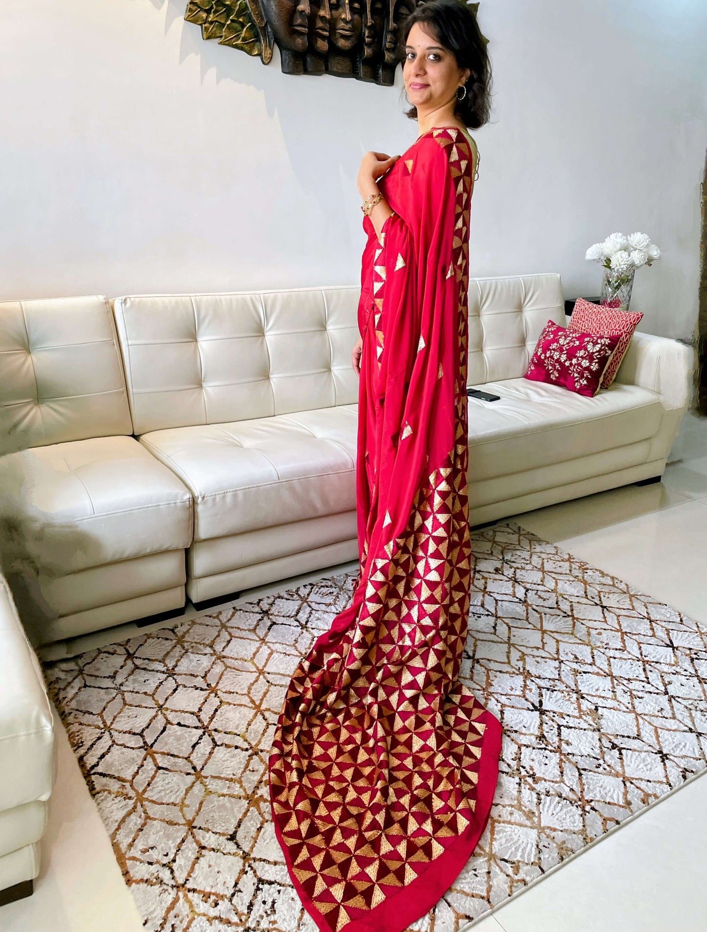 red-phulkari-saree chinon silk