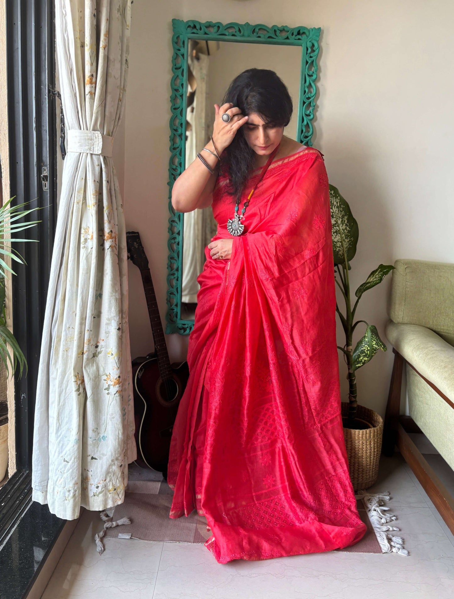 coral red chikankari Saree I Handcrafted