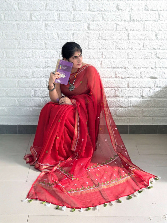 Sindoor Red Kota Saree with hand embroidery I Handcrafted