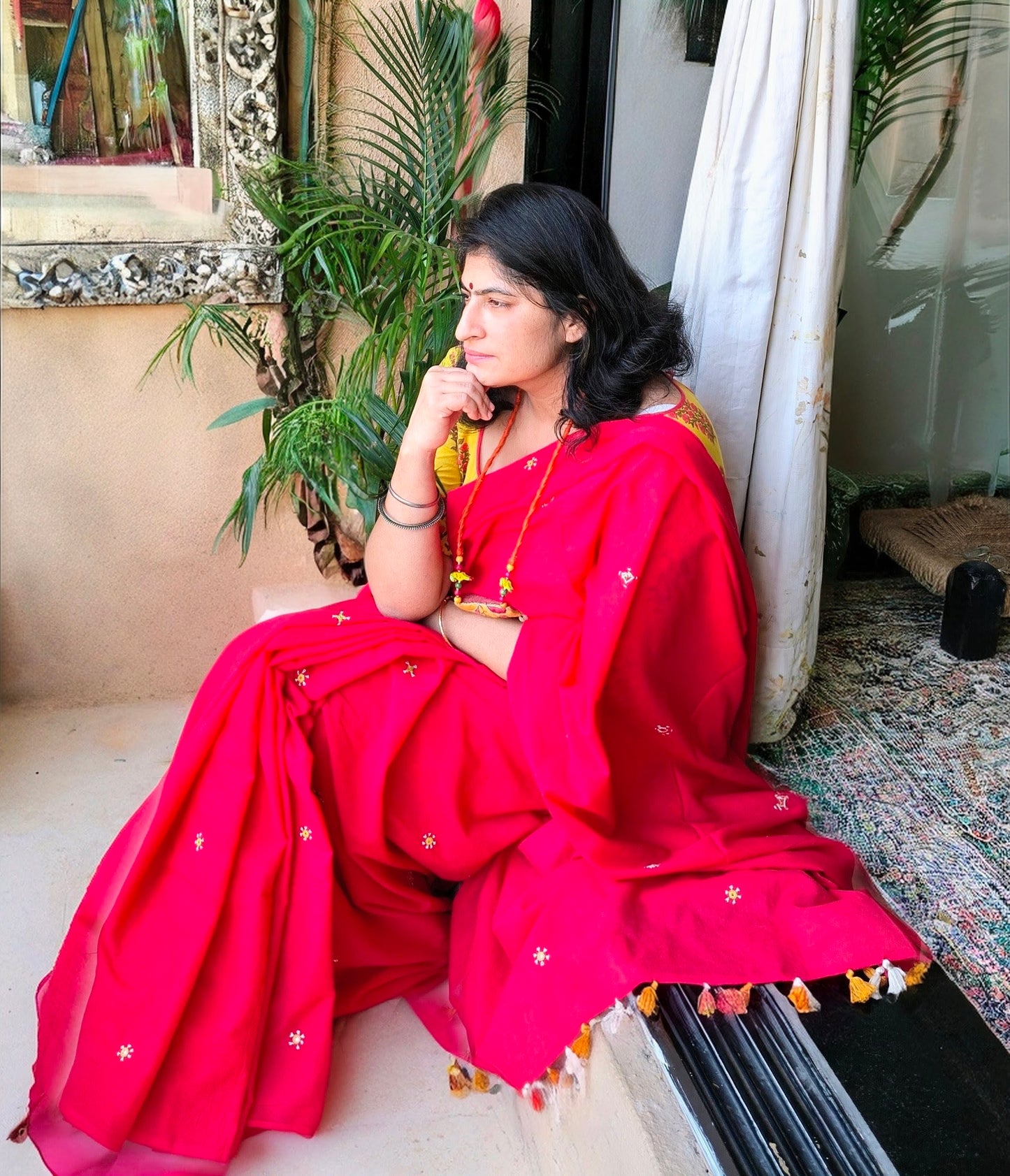 Pihu Saree - red Mul cotton with embroidery