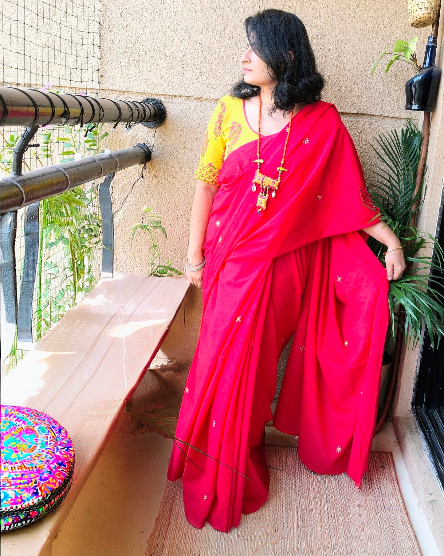 Pihu Saree - red Mul cotton with embroidery