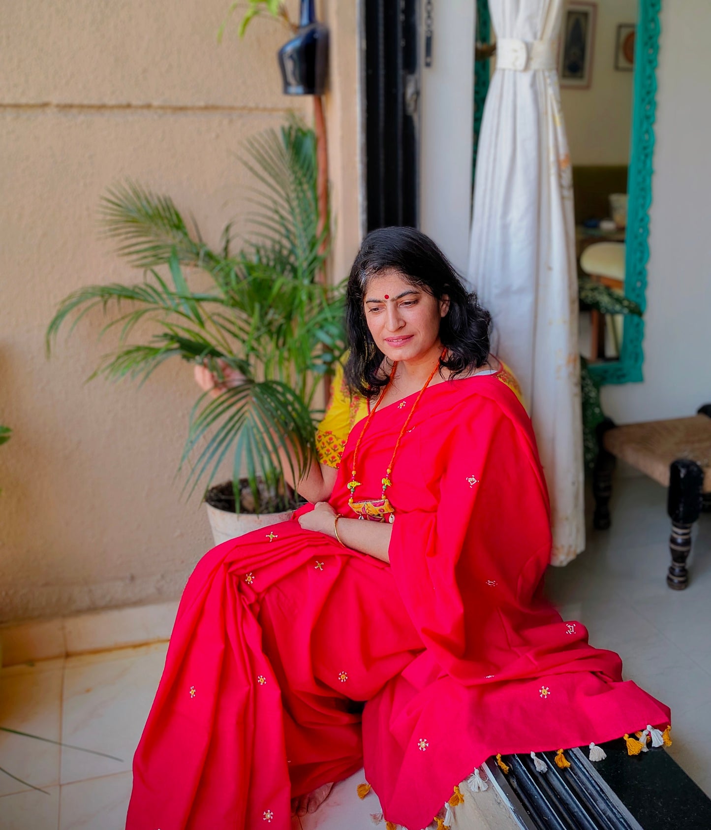 Pihu Saree - red Mul cotton with embroidery