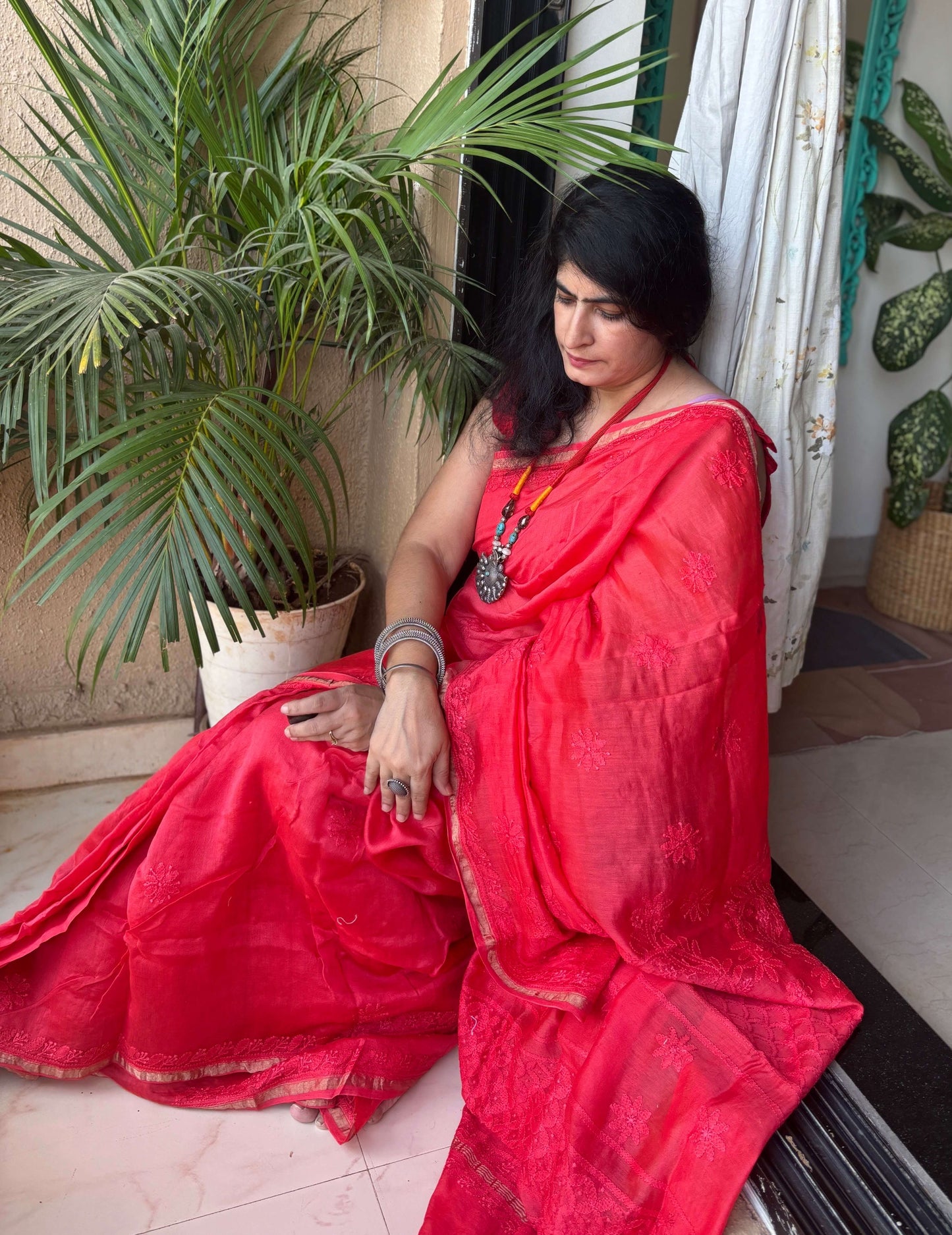 coral red chikankari Saree I Handcrafted